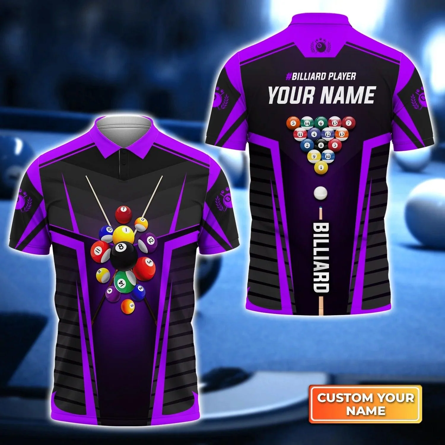 Custom Billiard Men Polo Shirt - Purple Billiard Balls Personalized Name Polo Shirt - Perfect Billiard Polo Shirt For Men, Billiard Lover