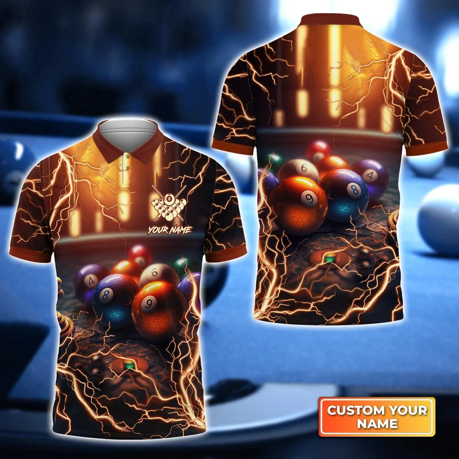 Custom Billiard Men Polo Shirt - Rainbow Billiard Pool Thunder Personalized Name Polo Shirt, Perfect Billiard Polo Shirt For Men, Billiard Players