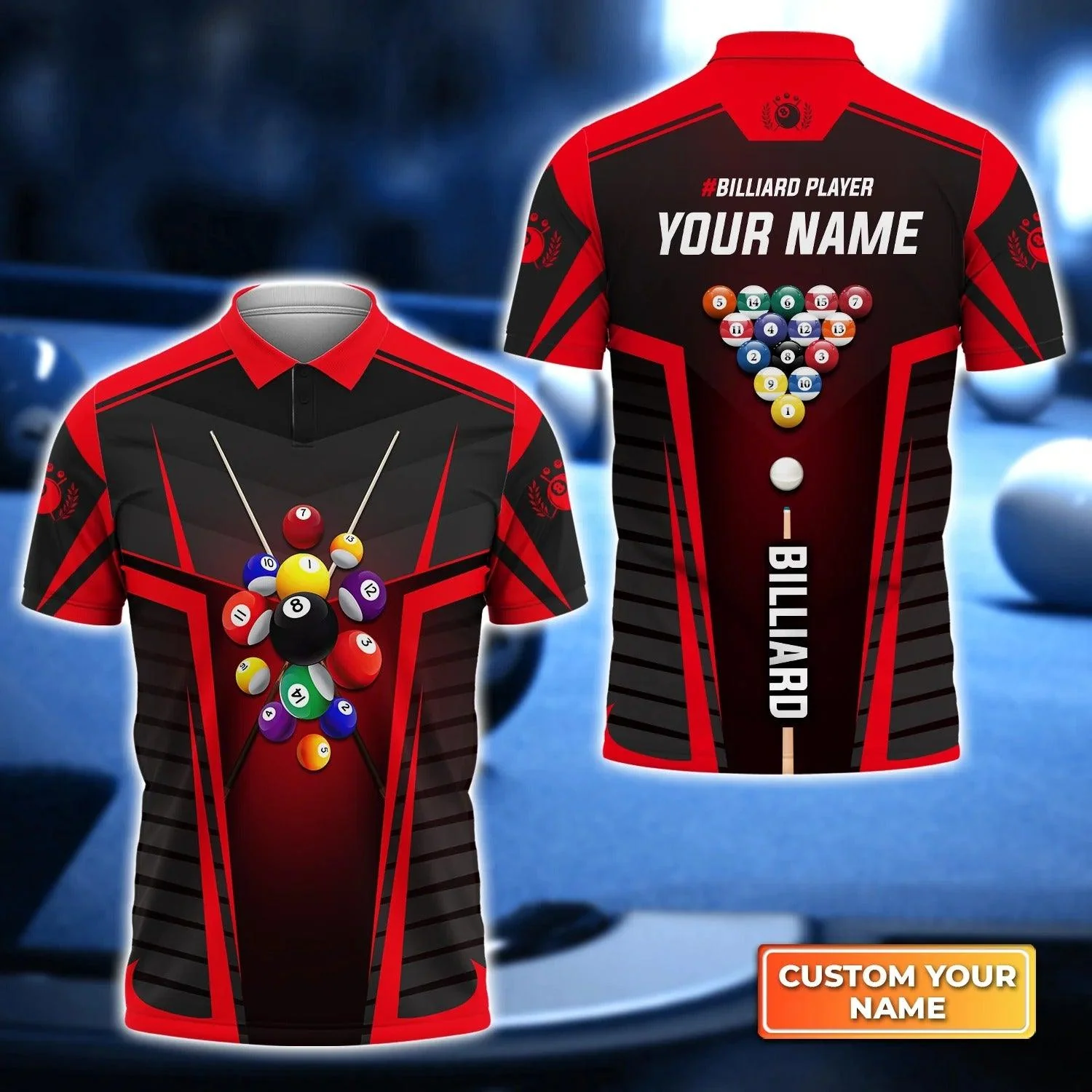 Custom Billiard Men Polo Shirt - Red Billiard Balls Personalized Name Polo Shirt - Perfect Billiard Polo Shirt For Men, Billiard Lover