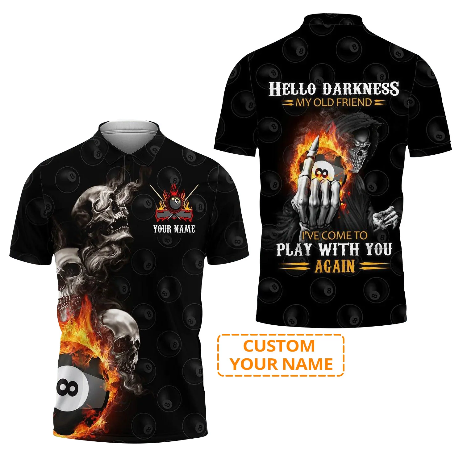 Custom Billiard Men Polo Shirt - Skull Reaper Billiard Pool 8 Ball Hello Darkness My Old Friend Personalized Name Polo Shirt Gift For Men - Image 2