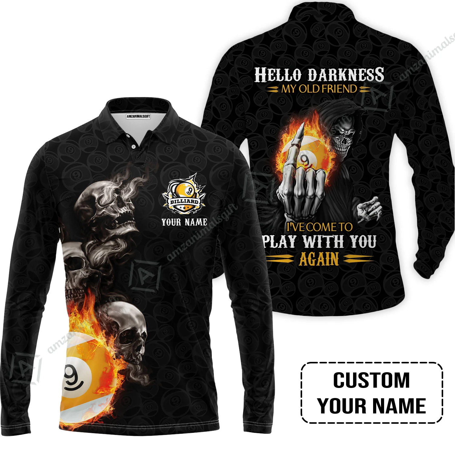 Custom Billiard Men Polo Shirt - Skull Reaper Billiard Pool 9 Ball Hello Darkness My Old Friend Personalized Name Polo Shirt - Image 3