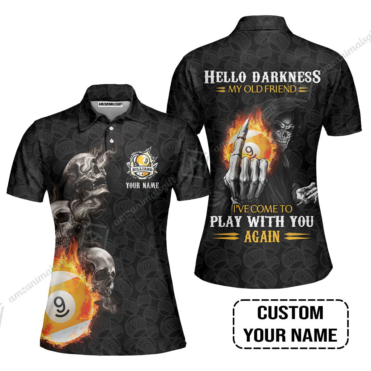 Custom Billiard Men Polo Shirt - Skull Reaper Billiard Pool 9 Ball Hello Darkness My Old Friend Personalized Name Polo Shirt - Image 5