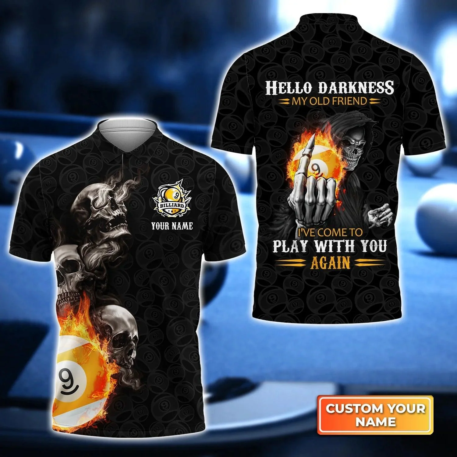 Custom Billiard Men Polo Shirt - Skull Reaper Billiard Pool 9 Ball Hello Darkness My Old Friend Personalized Name Polo Shirt For Men, Billiard Players