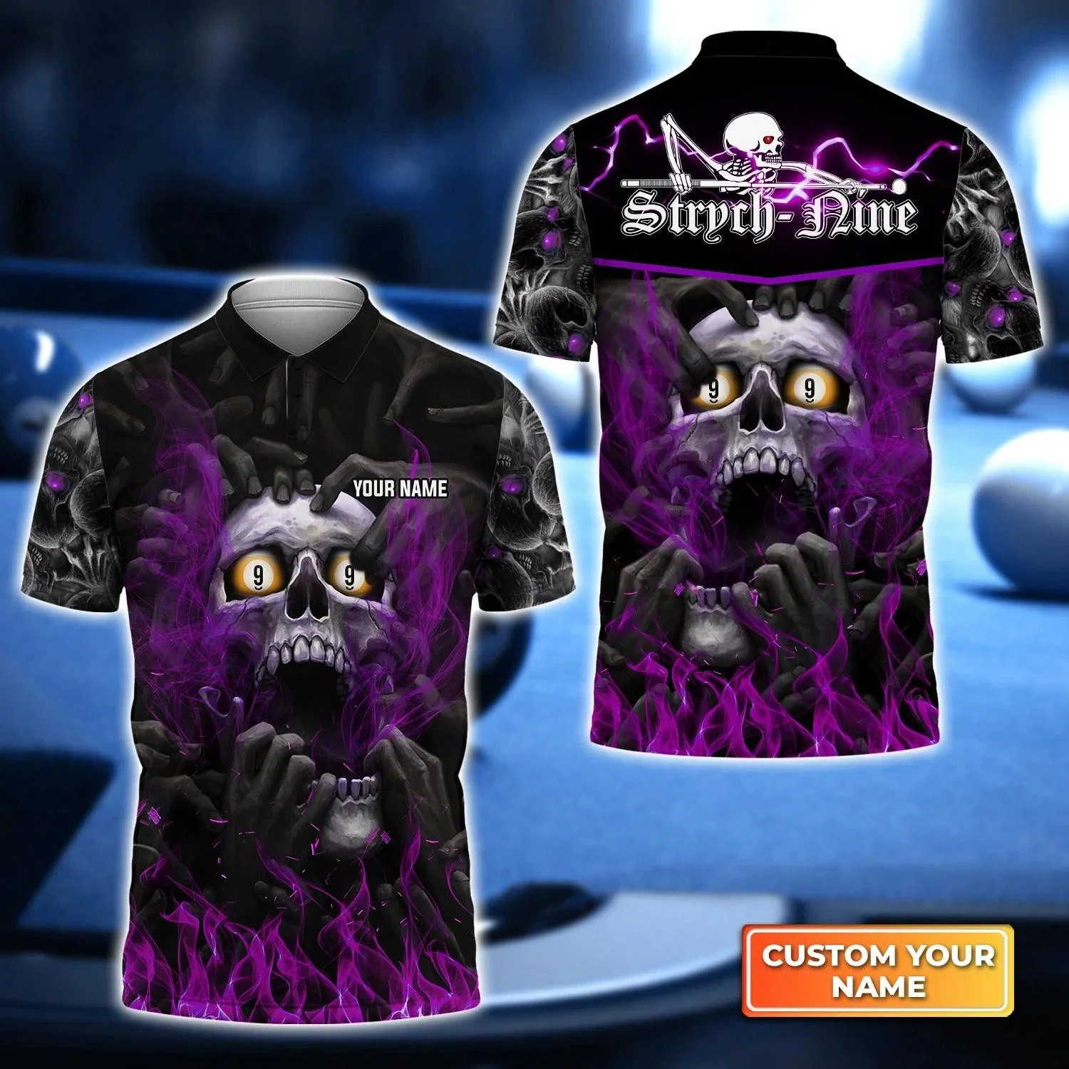 Custom Billiard Men Polo Shirt - Strych-Nine Pool 8 Ball Skull On Fire Personalized Name, Perfect Billiard Polo Shirt For Men, Billiard Players