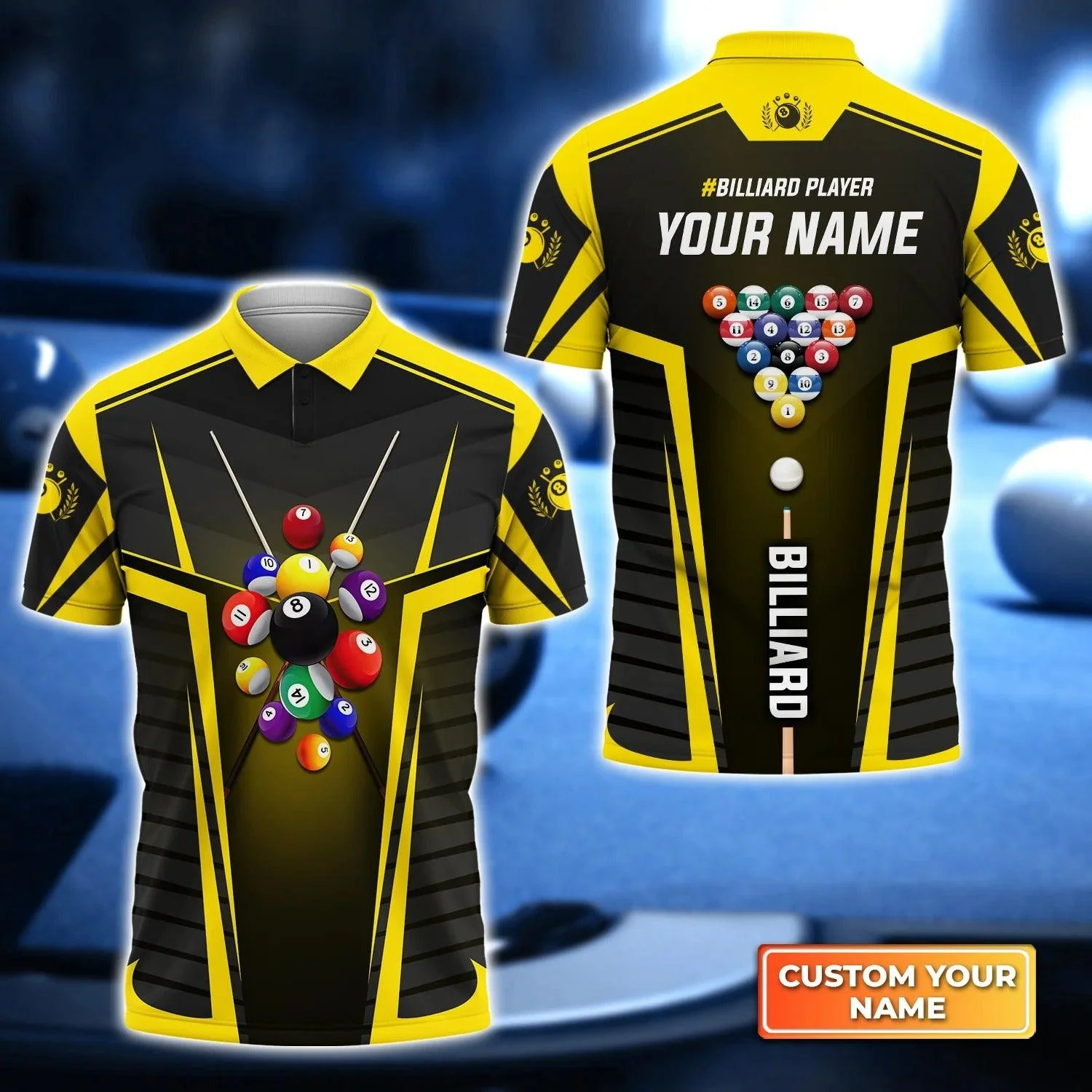 Custom Billiard Men Polo Shirt - Yellow Billiard Balls Personalized Name Polo Shirt - Perfect Billiard Polo Shirt For Men, Billiard Lover