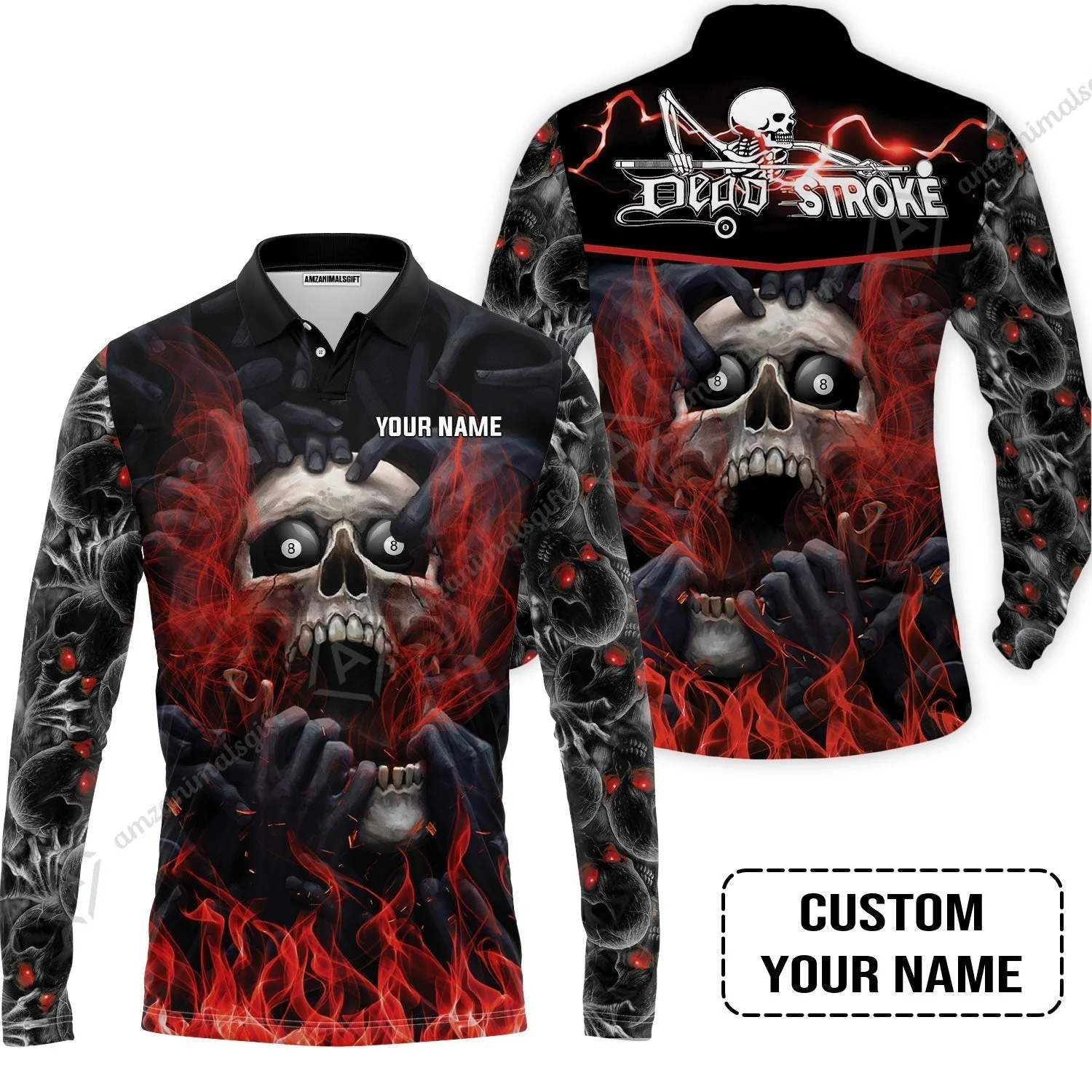 Custom Billiard T-Shirt - Dead Stroke Pool 8 Ball Skull On Fire Personalized Name, Perfect Billiard T-Shirt - Image 6