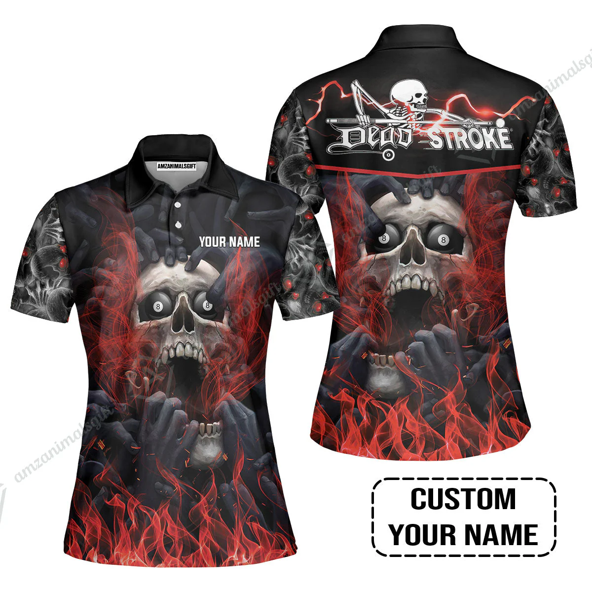 Custom Billiard Women Polo Shirt - Dead Stroke Pool 8 Ball Skull On Fire Personalized Name, Perfect Billiard Women Polo Shirt