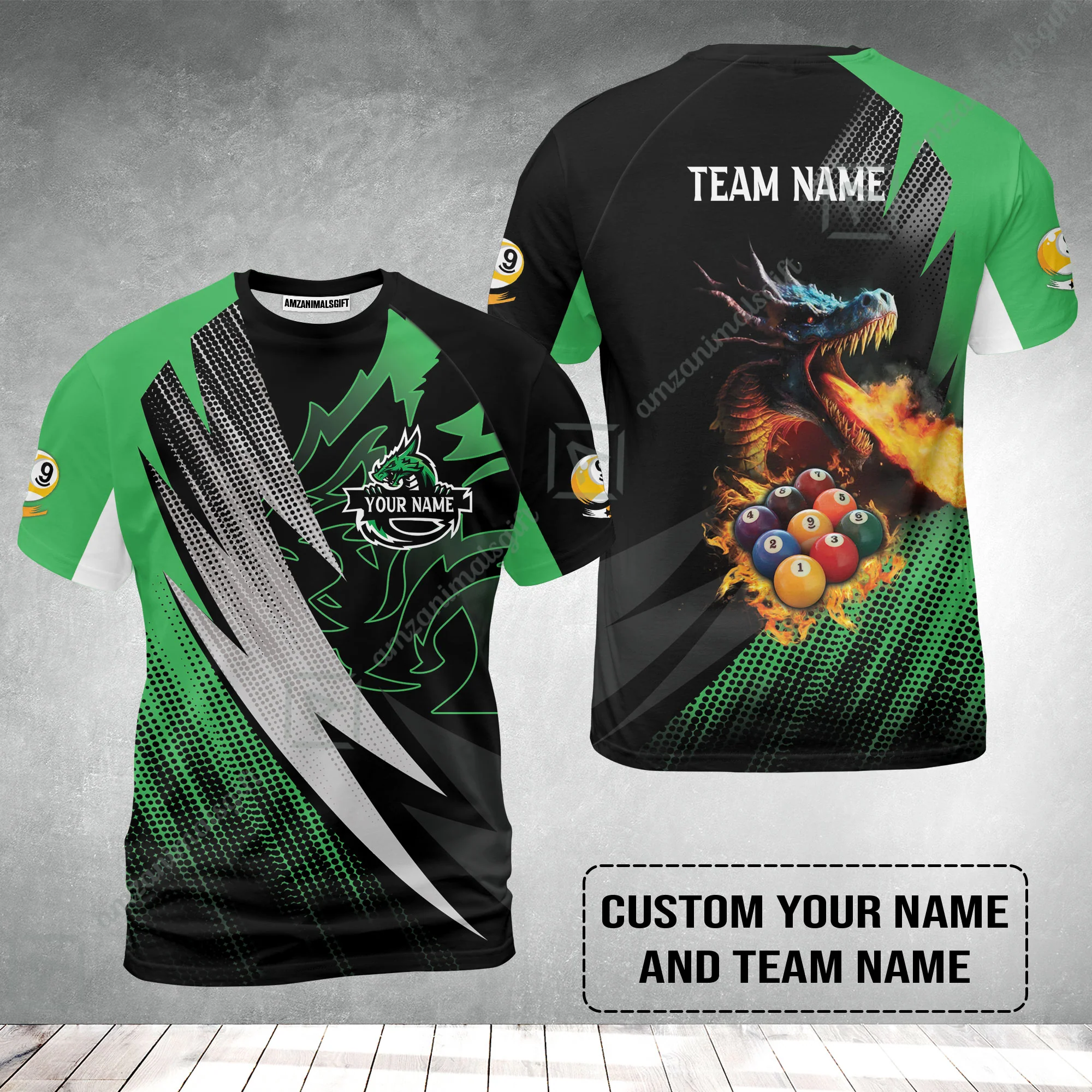 Custom Billiards T-Shirt, Custom Name And Team Name Billiards Pool 9 Ball Dragon Green Pattern T-Shirt - Image 2