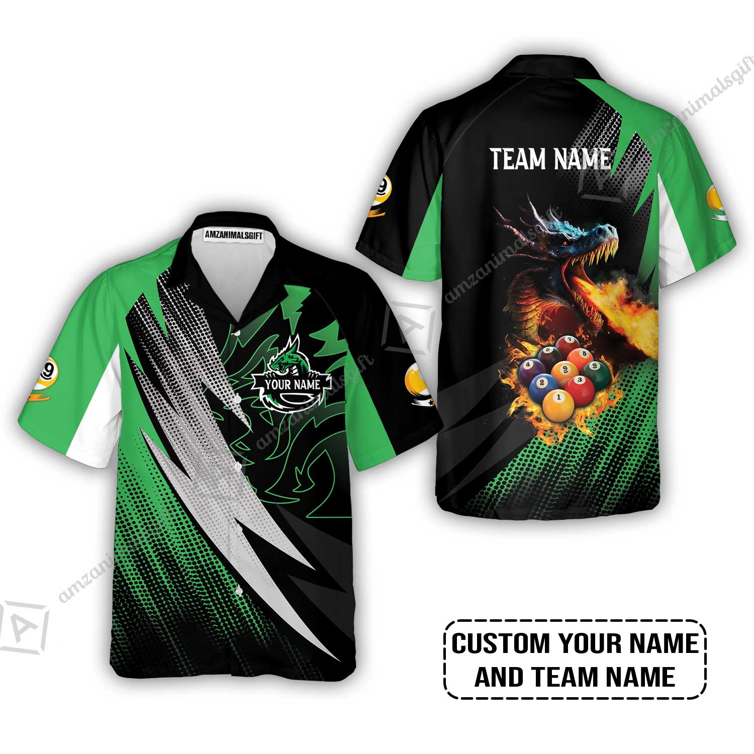 Custom Billiards T-Shirt, Custom Name And Team Name Billiards Pool 9 Ball Dragon Green Pattern T-Shirt - Image 3