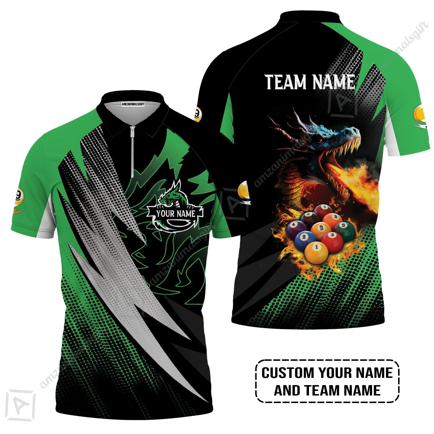 Custom Billiards T-Shirt, Custom Name And Team Name Billiards Pool 9 Ball Dragon Green Pattern T-Shirt - Image 4