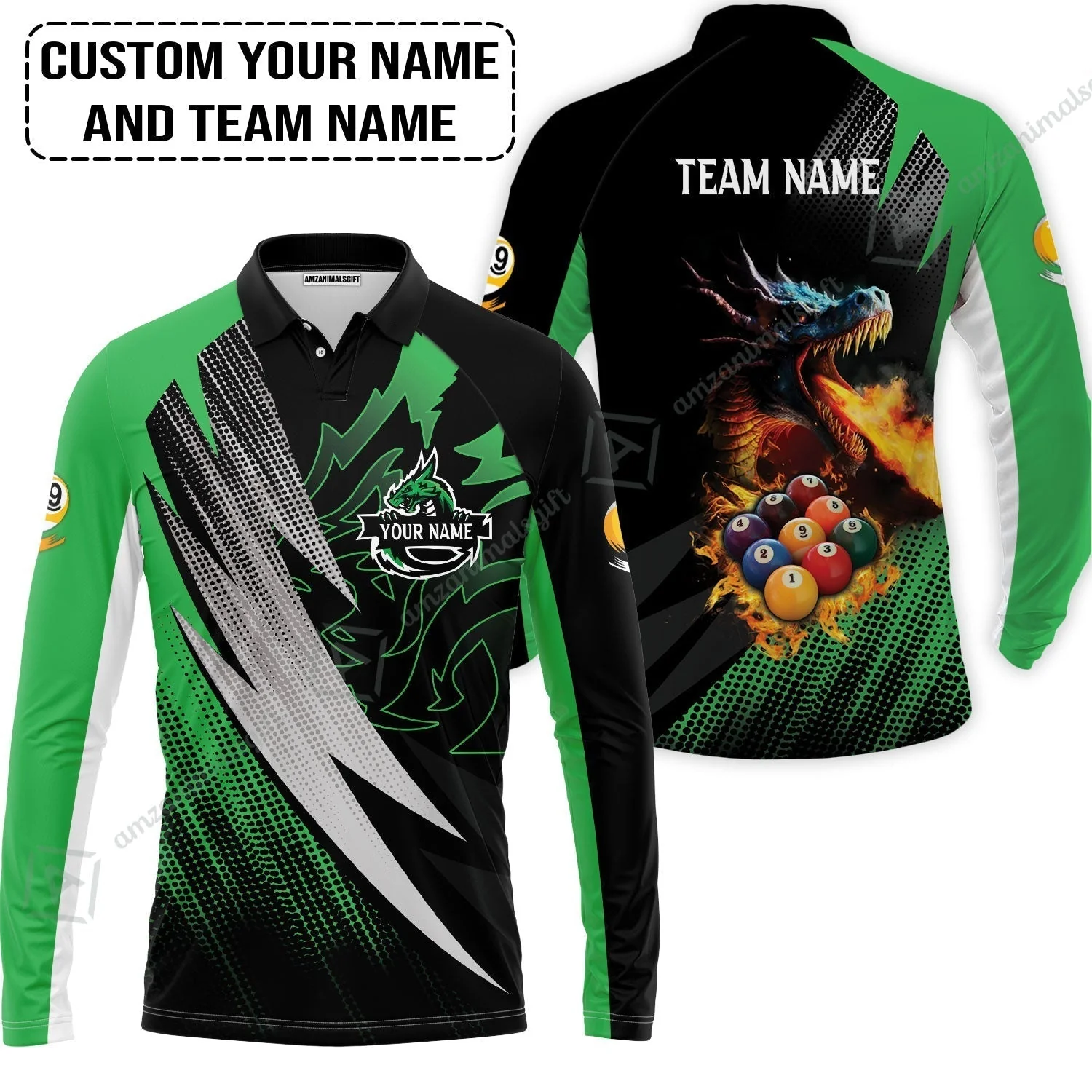 Custom Billiards T-Shirt, Custom Name And Team Name Billiards Pool 9 Ball Dragon Green Pattern T-Shirt - Image 5