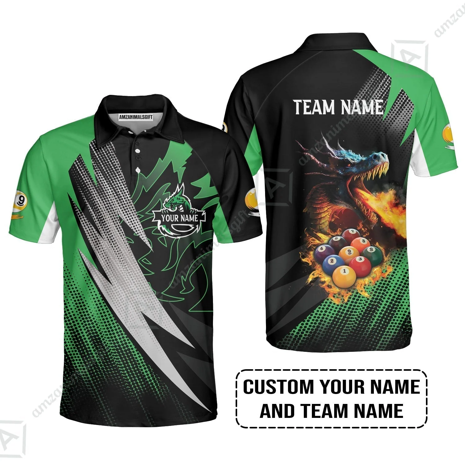 Custom Billiards T-Shirt, Custom Name And Team Name Billiards Pool 9 Ball Dragon Green Pattern T-Shirt - Image 6