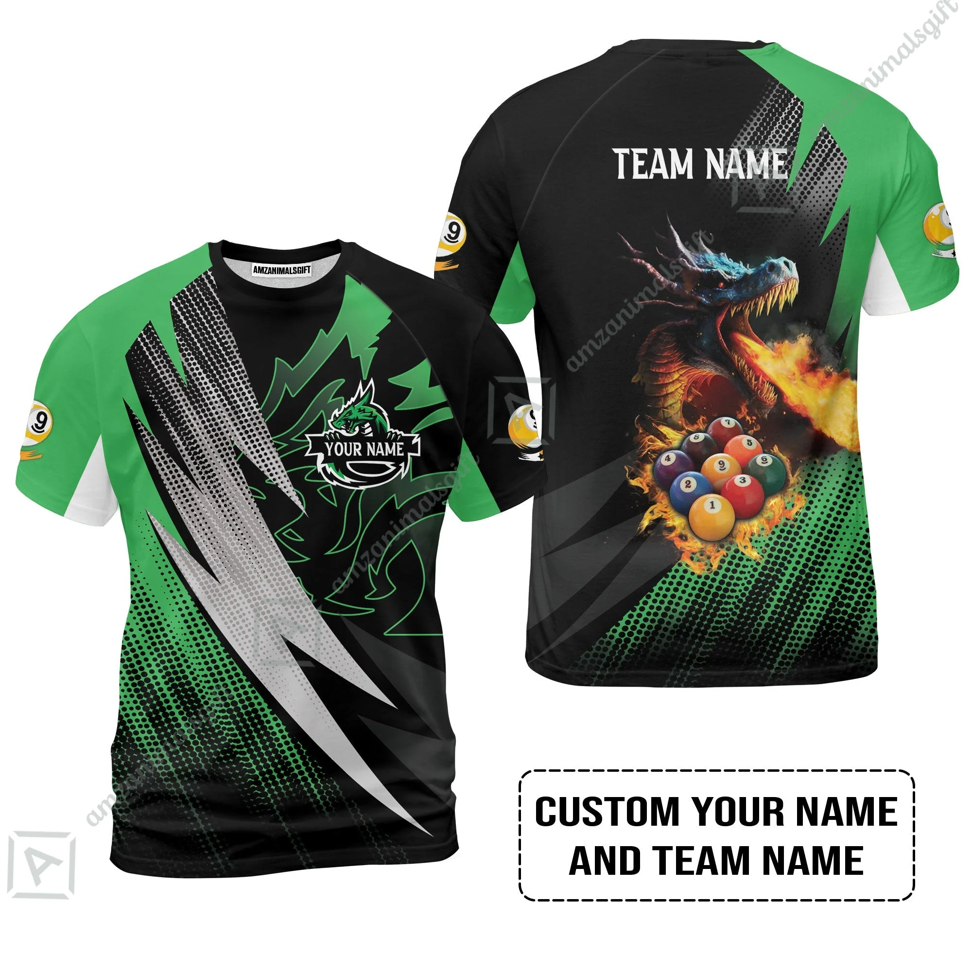 Custom Billiards Zip Polo Shirt, Custom Name And Team Name Billiards Pool 9 Ball Dragon Green Pattern Zip Polo Shirt - Image 6