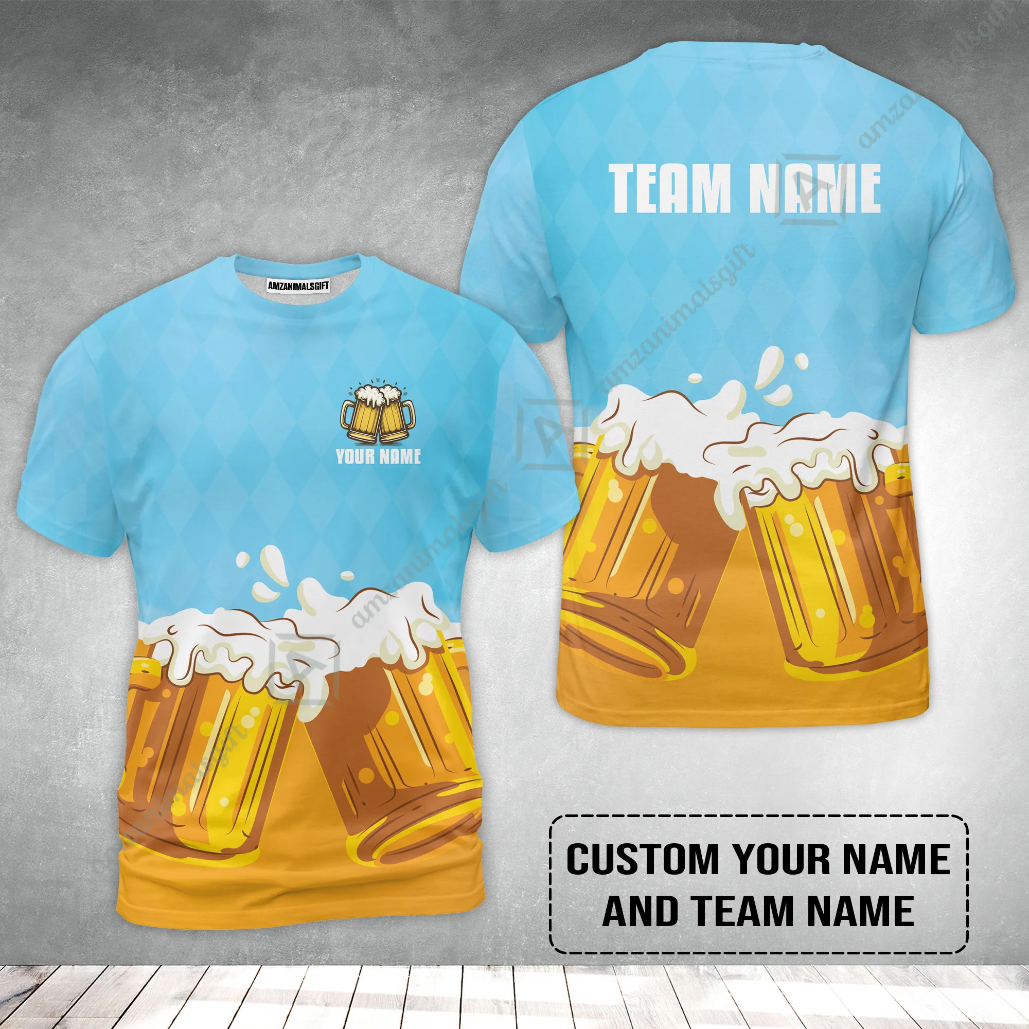 Custom Blue White Orange Beer Pattern Design Oktoberfest Beer Festival Performance T-Shirt - Image 2