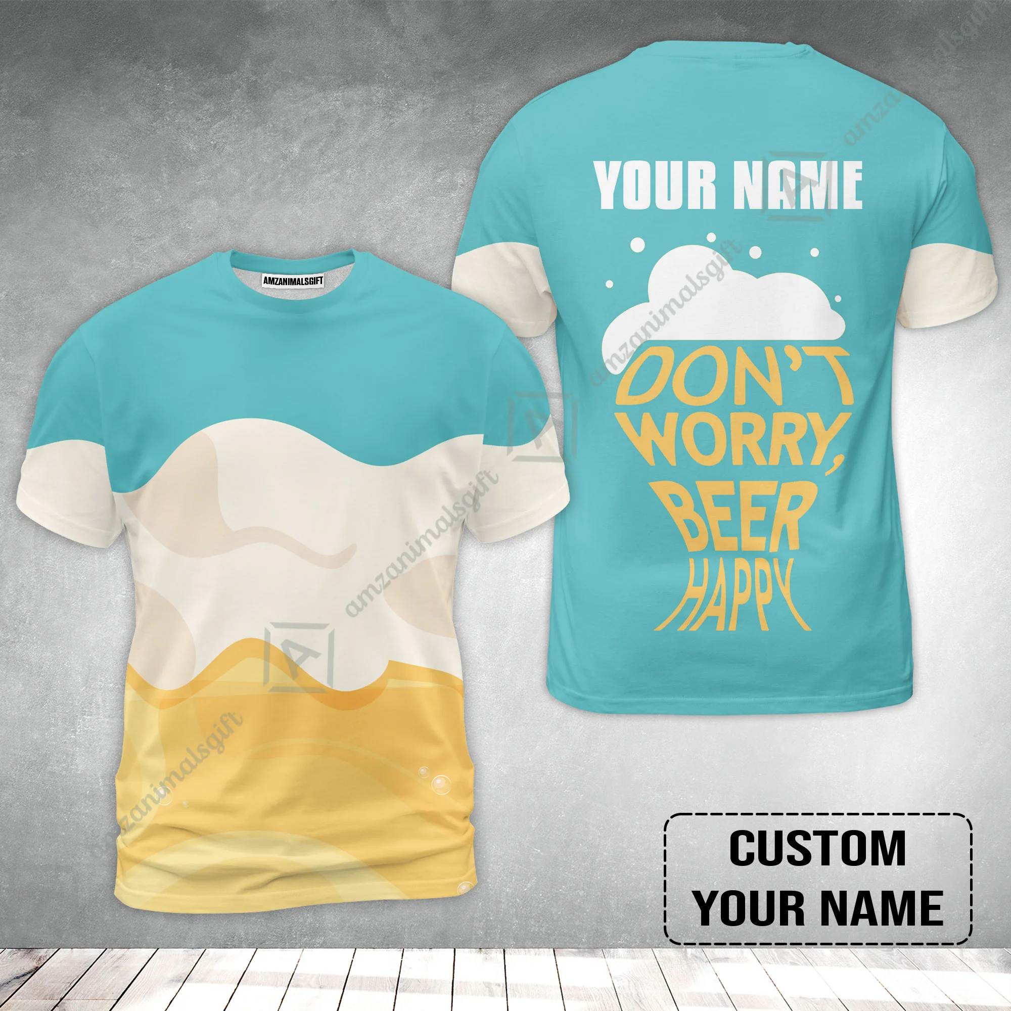 Custom Blue White Yellow Pattern Beer Pattern Design Oktoberfest Beer Festival Performance T-Shirt - Image 2