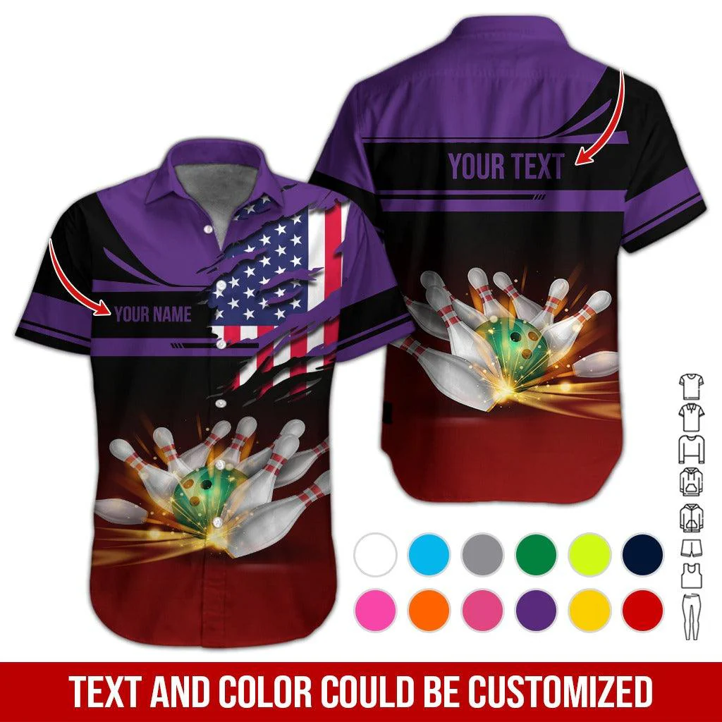 Custom Bowling Aloha Hawaiian Shirt - Colorful Bowling Ball And American Flag Personalized Name Hawaiian Shirt For Men & Women, Bowling Lover