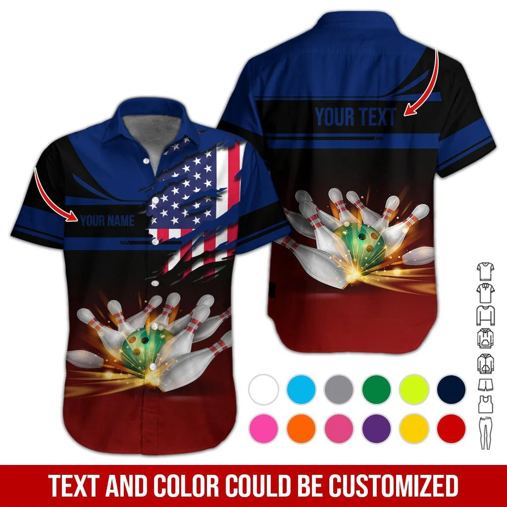 Custom Bowling Aloha Hawaiian Shirt - Colorful Bowling Ball And American Flag Personalized Name Hawaiian Shirt For Men & Women, Bowling Lover - Image 2