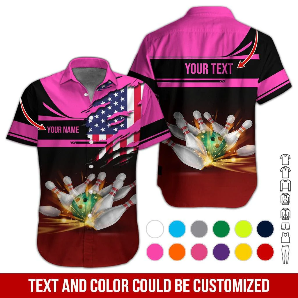 Custom Bowling Aloha Hawaiian Shirt - Colorful Bowling Ball And American Flag Personalized Name Hawaiian Shirt For Men & Women, Bowling Lover - Image 3