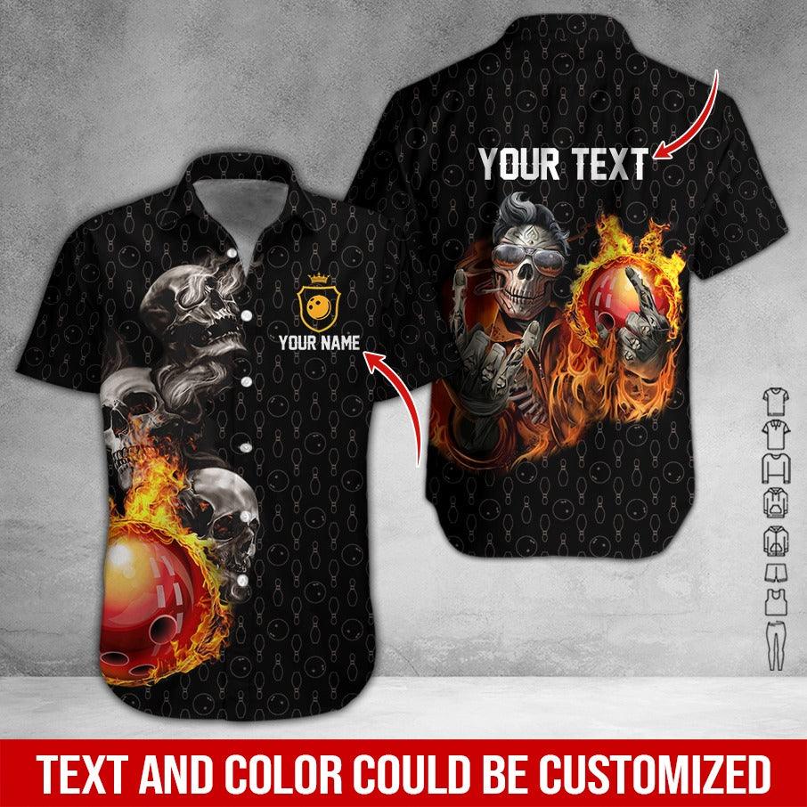 Custom Bowling Aloha Hawaiian Shirt - Fire Bowling Ball And Skull Personalized Name Hawaiian Shirt For Men & Women, Bowling Lover
