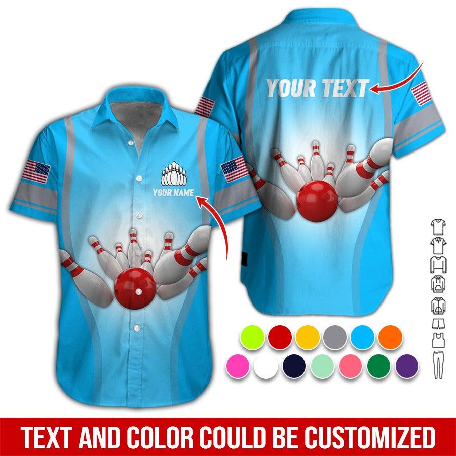 Custom Bowling Aloha Hawaiian Shirt - US Flag And Bowling Pattern Personalized Name Hawaiian Shirt For Men & Women, Bowling Lover
