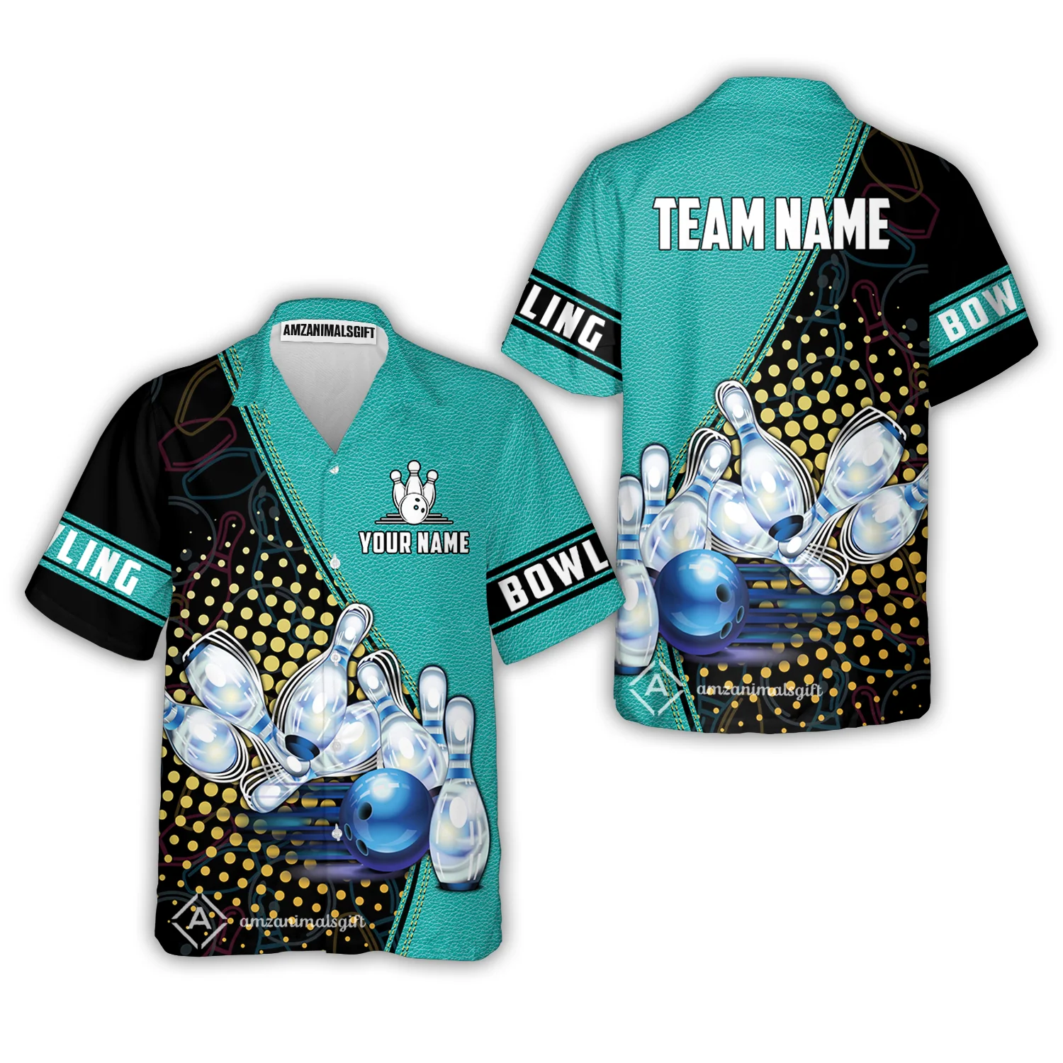 Custom Bowling Hawaiian Shirt - Black And Blue Bowling Ball Pattern Personalized Name Hawaiian Shirt
