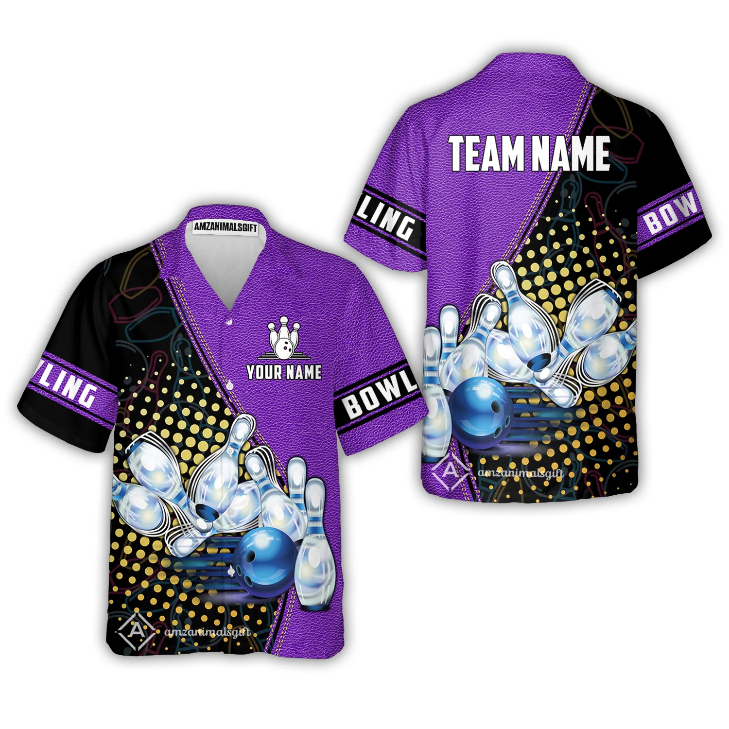 Custom Bowling Hawaiian Shirt - Black And Blue Bowling Ball Pattern Personalized Name Hawaiian Shirt - Image 5