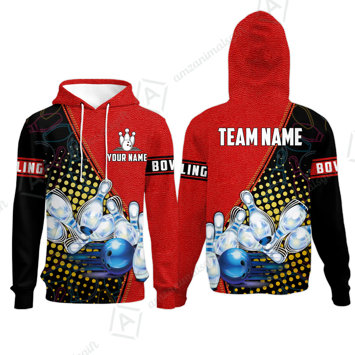 Custom Bowling Hoodie - Black And Blue Bowling Ball Pattern Personalized Name Hoodie - Image 2