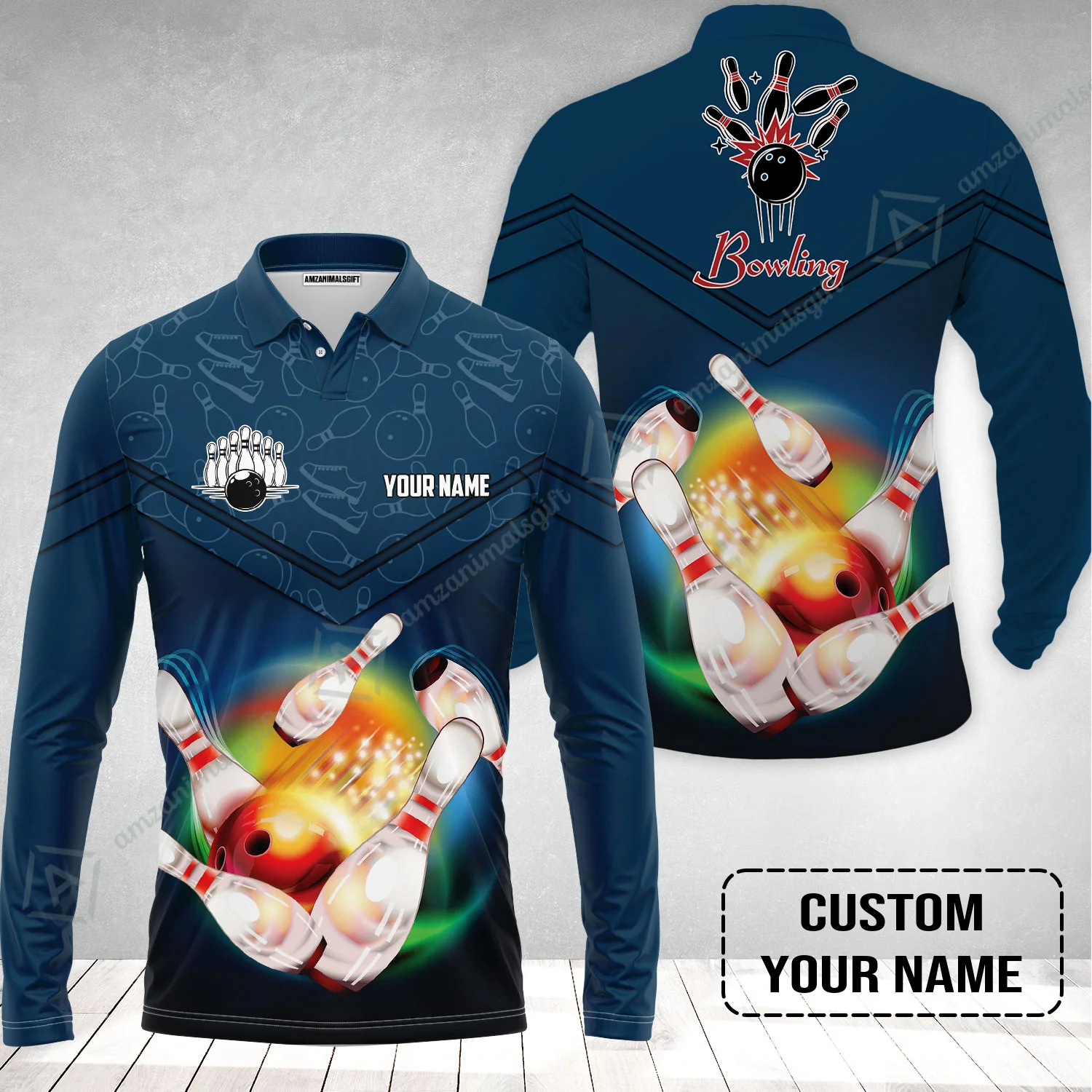 Custom Bowling Long Polo Shirt- Amazing Bowling Ball Pattern And Shoe Personalized Name Long Polo Shirt - Image 2