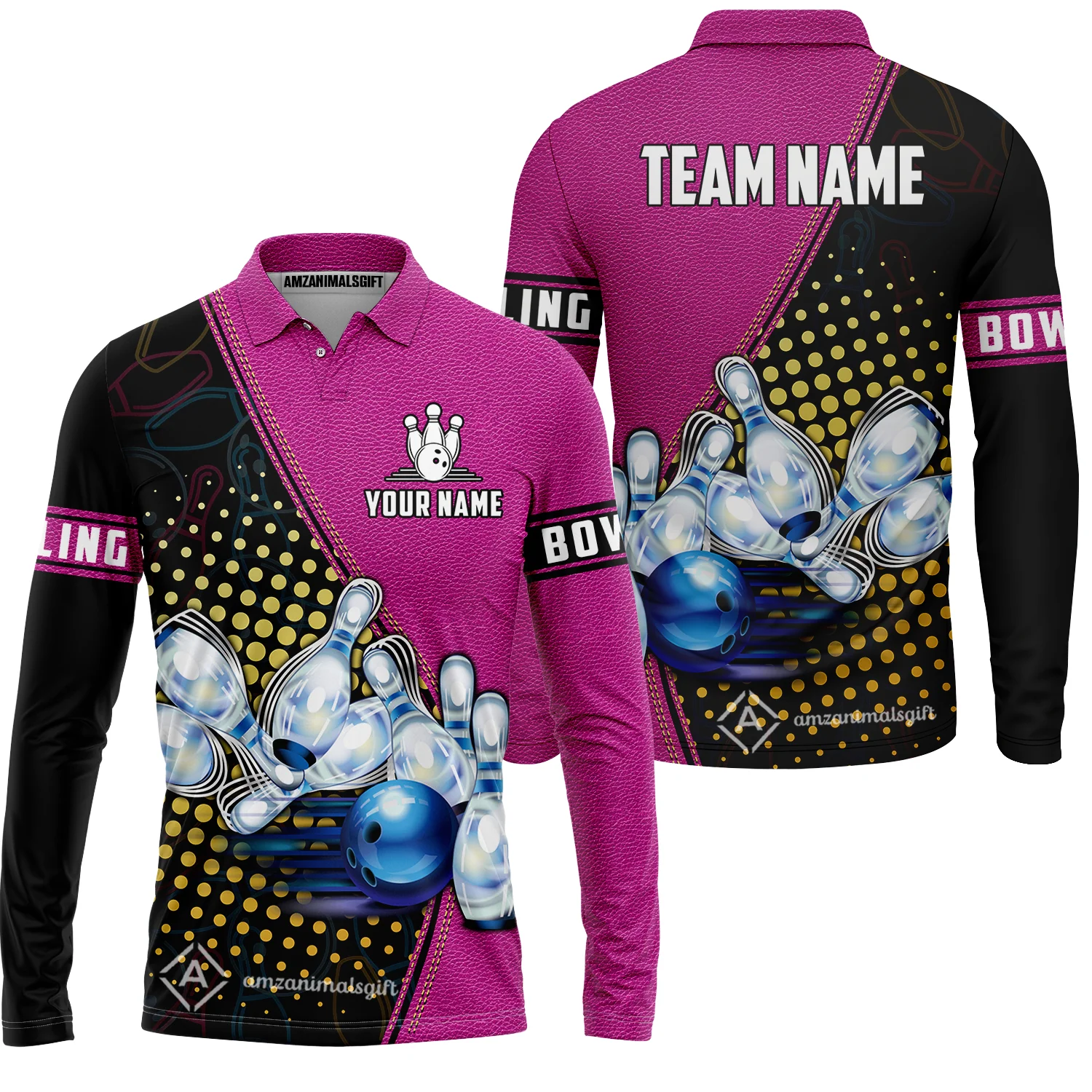 Custom Bowling Long Polo Shirt - Black And Blue Bowling Ball Pattern Personalized Name Long Polo Shirt - Image 3