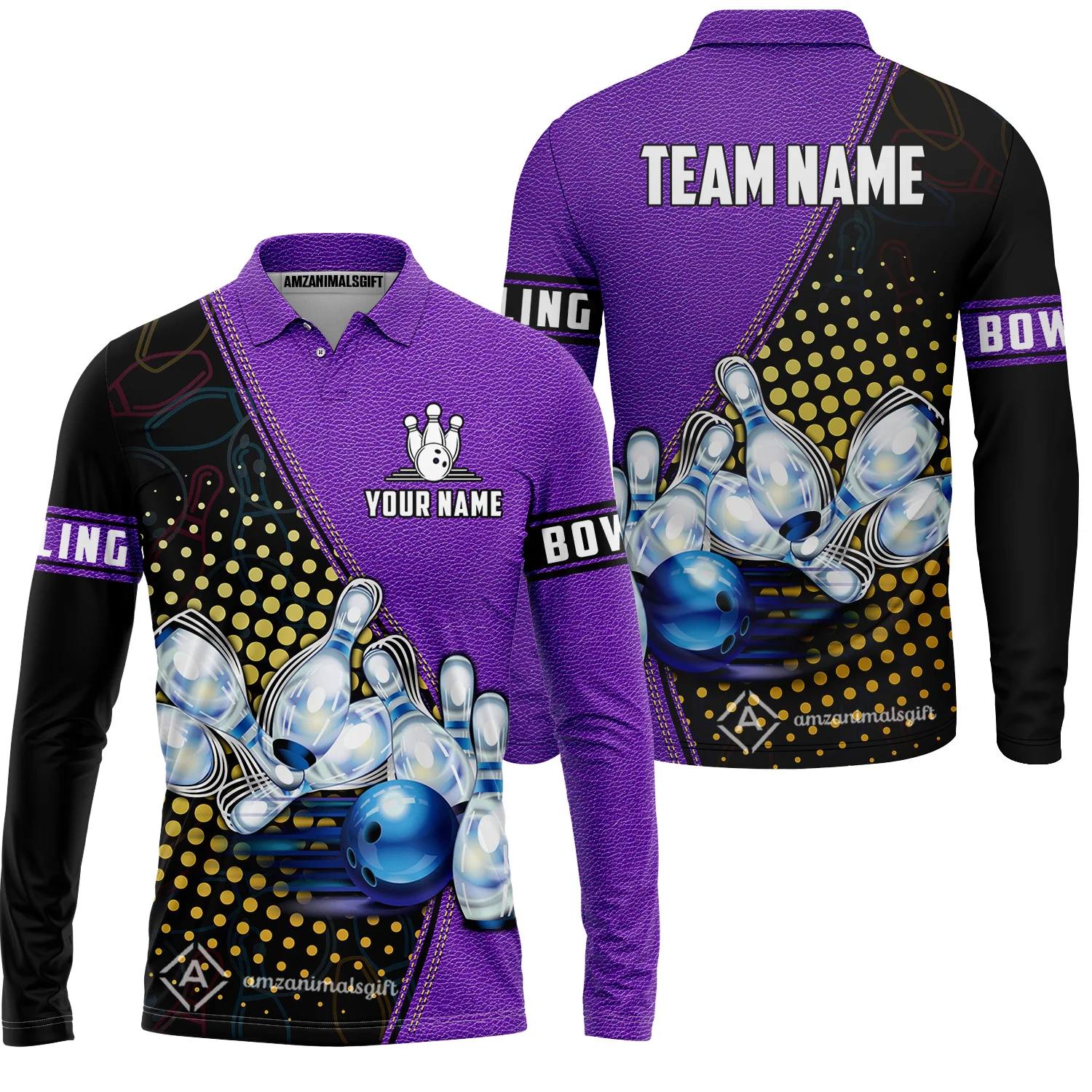 Custom Bowling Long Polo Shirt - Black And Blue Bowling Ball Pattern Personalized Name Long Polo Shirt - Image 4