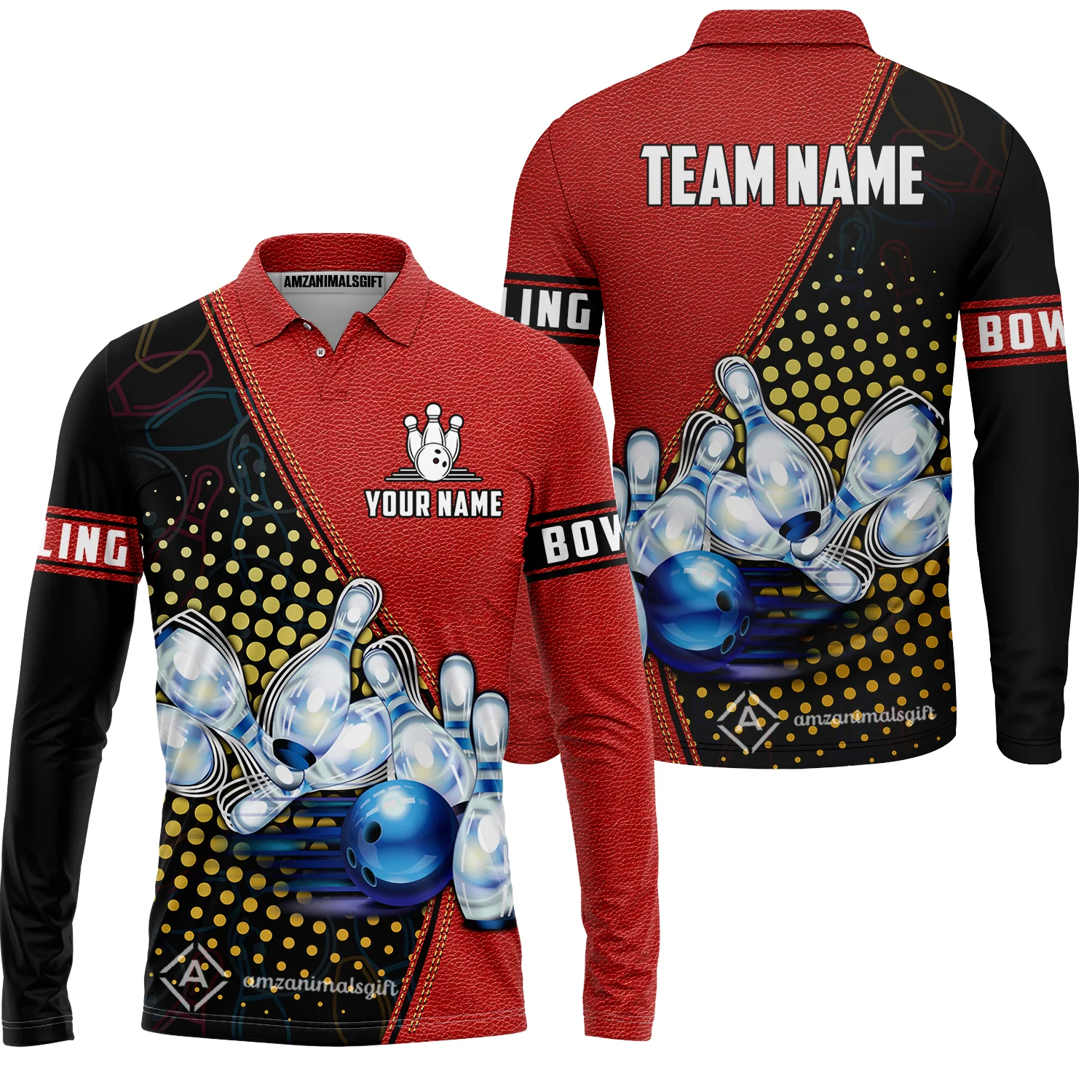 Custom Bowling Long Polo Shirt - Black And Blue Bowling Ball Pattern Personalized Name Long Polo Shirt - Image 5