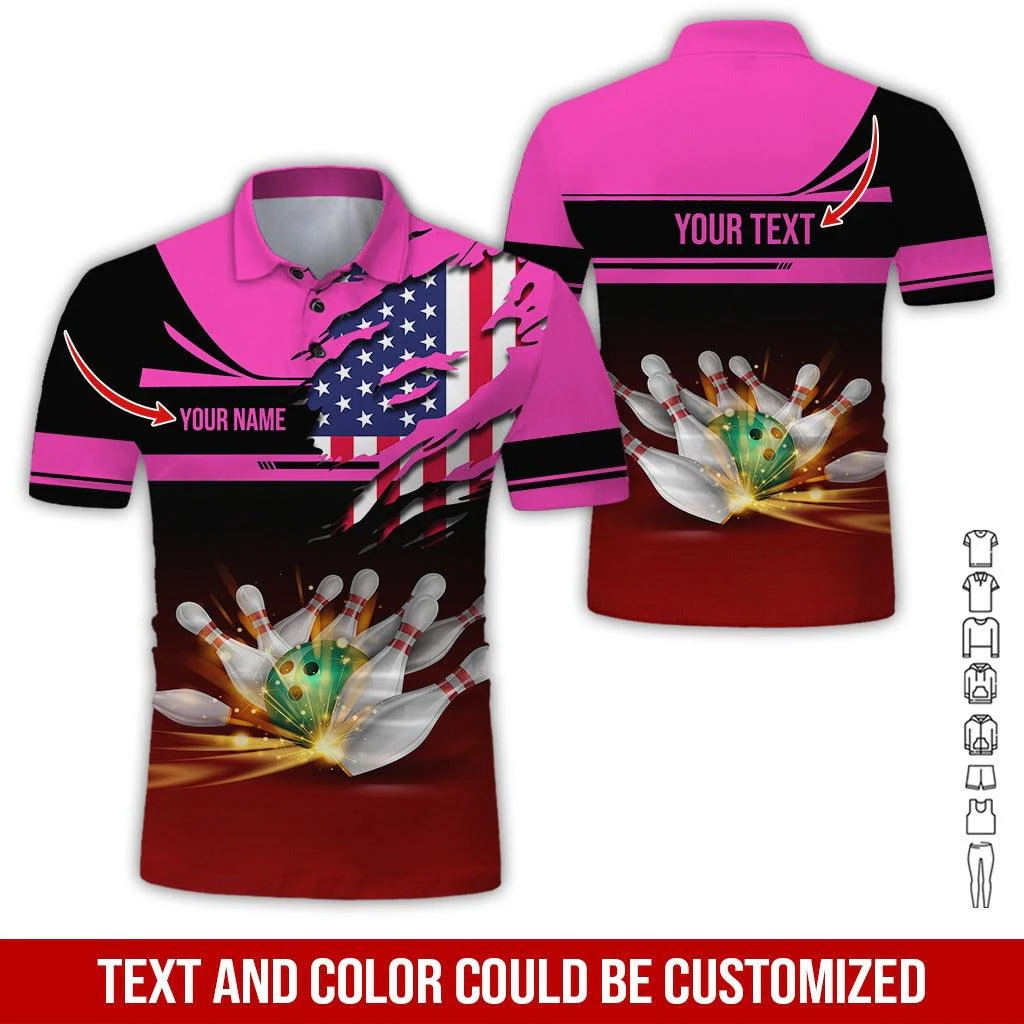 Custom Bowling Men Polo Shirt - Amazing Bowling Ball And US Flag Personalized Name Polo Shirt - Perfect Bowling Gift For Men, Bowling Lover - Image 2