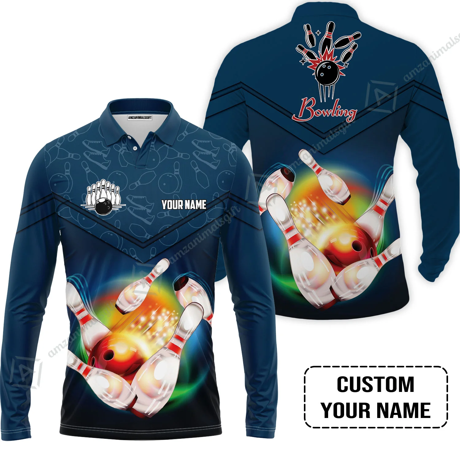 Custom Bowling Men Polo Shirt - Amazing Bowling Ball Pattern And Shoe Personalized Name Polo Shirt - Image 3