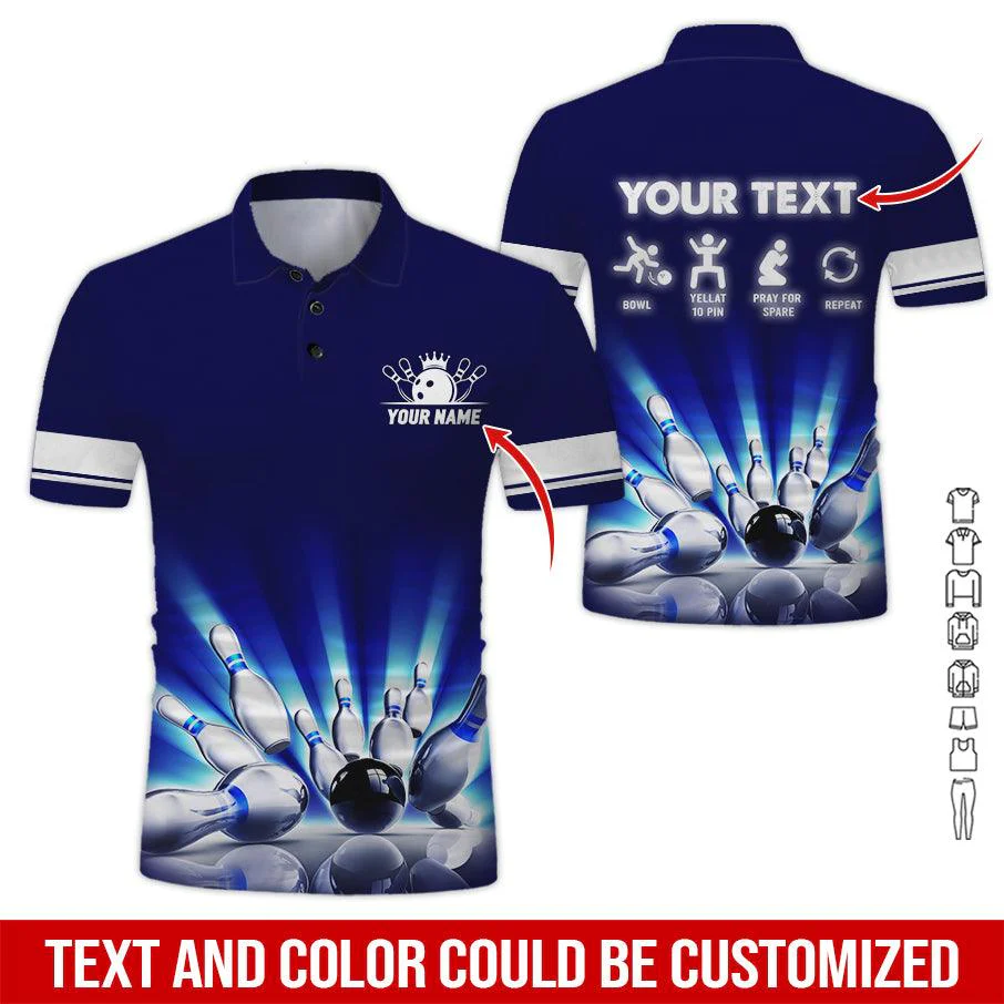 Custom Bowling Men Polo Shirt - Bowl, Yellat, Pray For Spare, Repeat Personalized Name Polo Shirt - Perfect Bowling Gift For Men, Bowling Lover