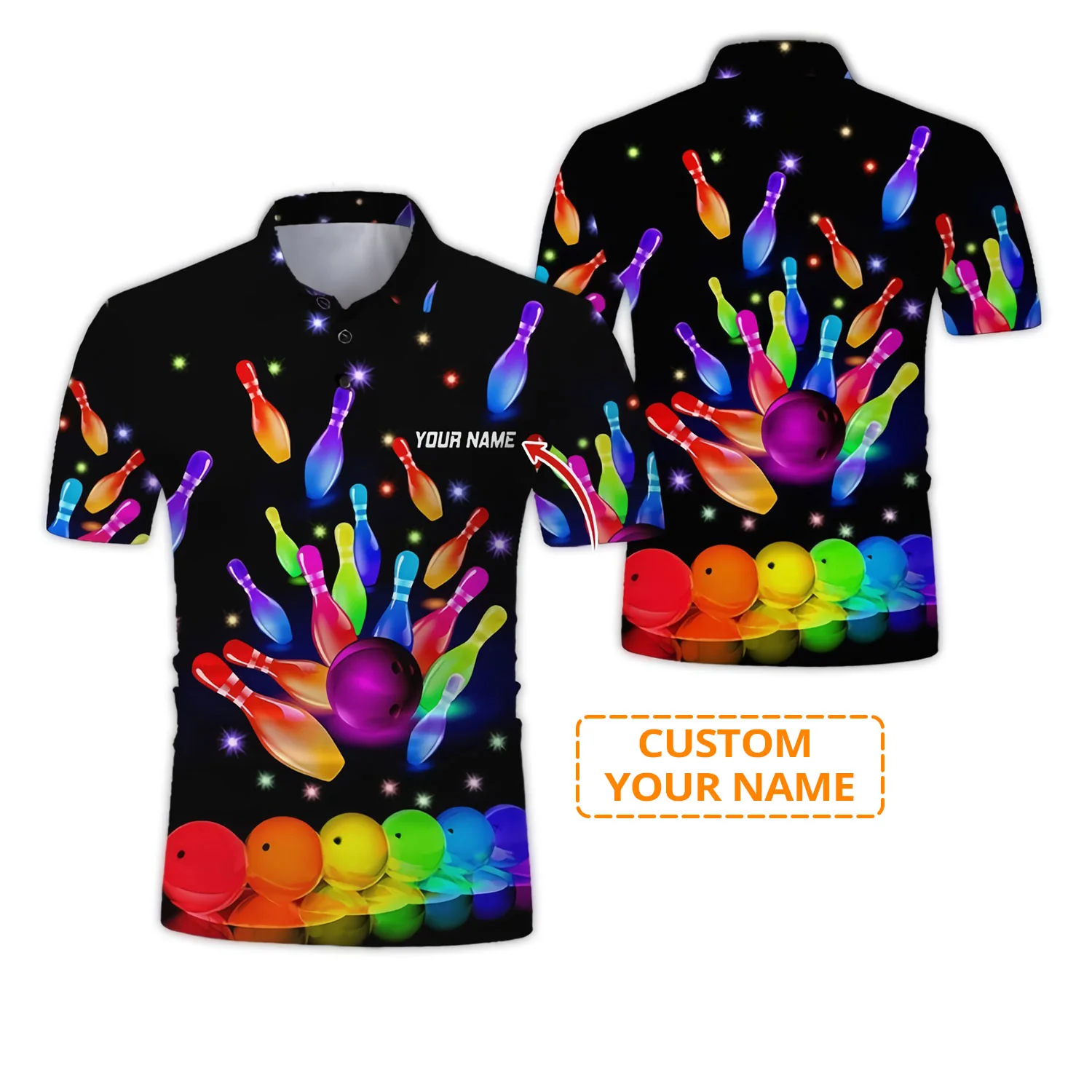 Custom Bowling Men Polo Shirt - Rainbow Bowling Ball Personalized Name Polo Shirt - Perfect Bowling Gift For Men, Bowling Lover - Image 2