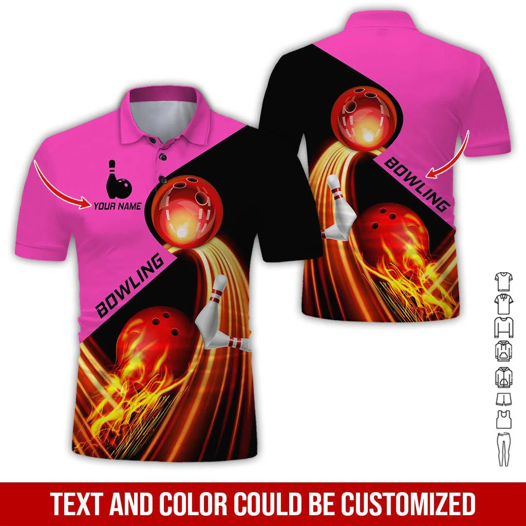 Custom Bowling Men Polo Shirt - Red Fire Bowling Ball Personalized Name Polo Shirt - Perfect Bowling Gift For Men, Bowling Lover