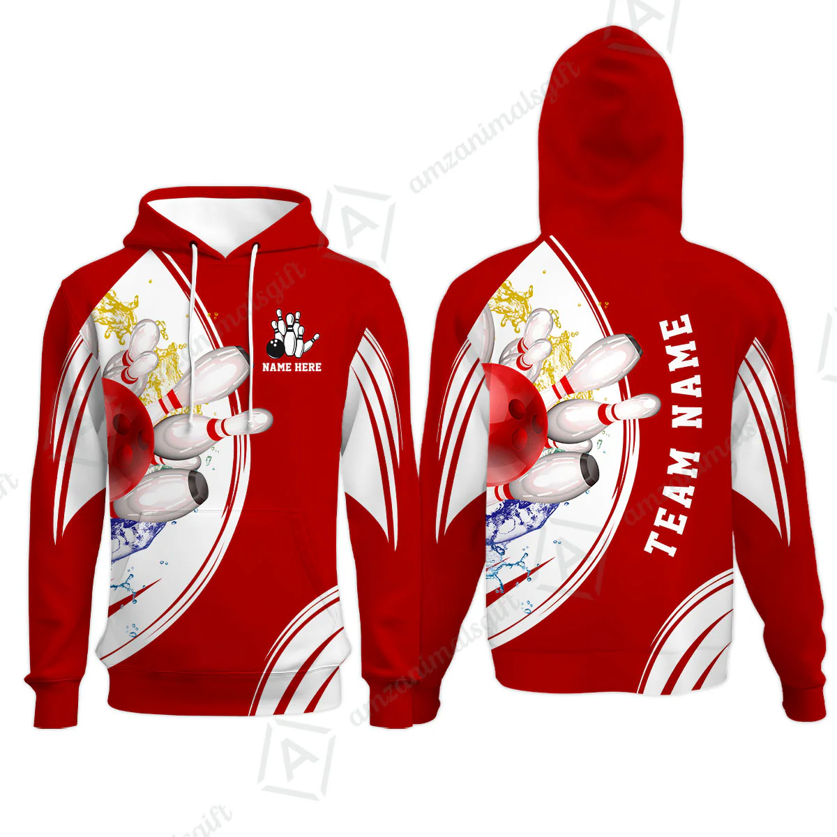 Custom Bowling Team Hoodie, Custom Cyan Red Blue Bowling Uniforms Jerseys, Personalized Name And Team Name - Image 2