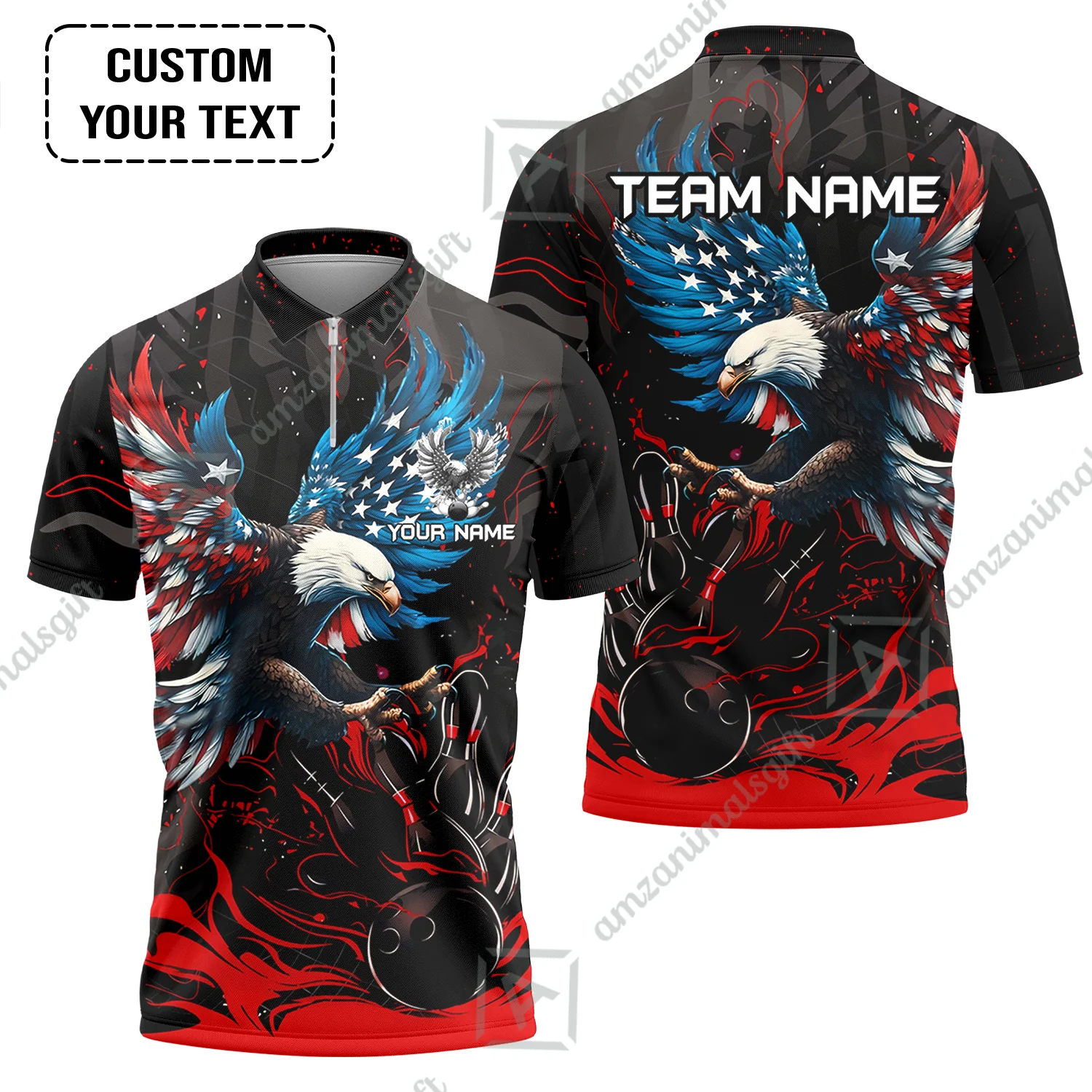 Custom Bowling Team Jerseys Almighty American Eagle, Custom Bowling Jerseys & Shirts Quarter-Zip Polo, Customized Name And Team Name - Image 12