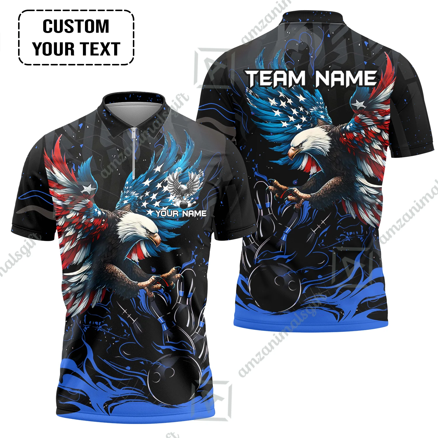 Custom Bowling Team Jerseys Almighty American Eagle, Custom Bowling Jerseys & Shirts Quarter-Zip Polo, Customized Name And Team Name - Image 13