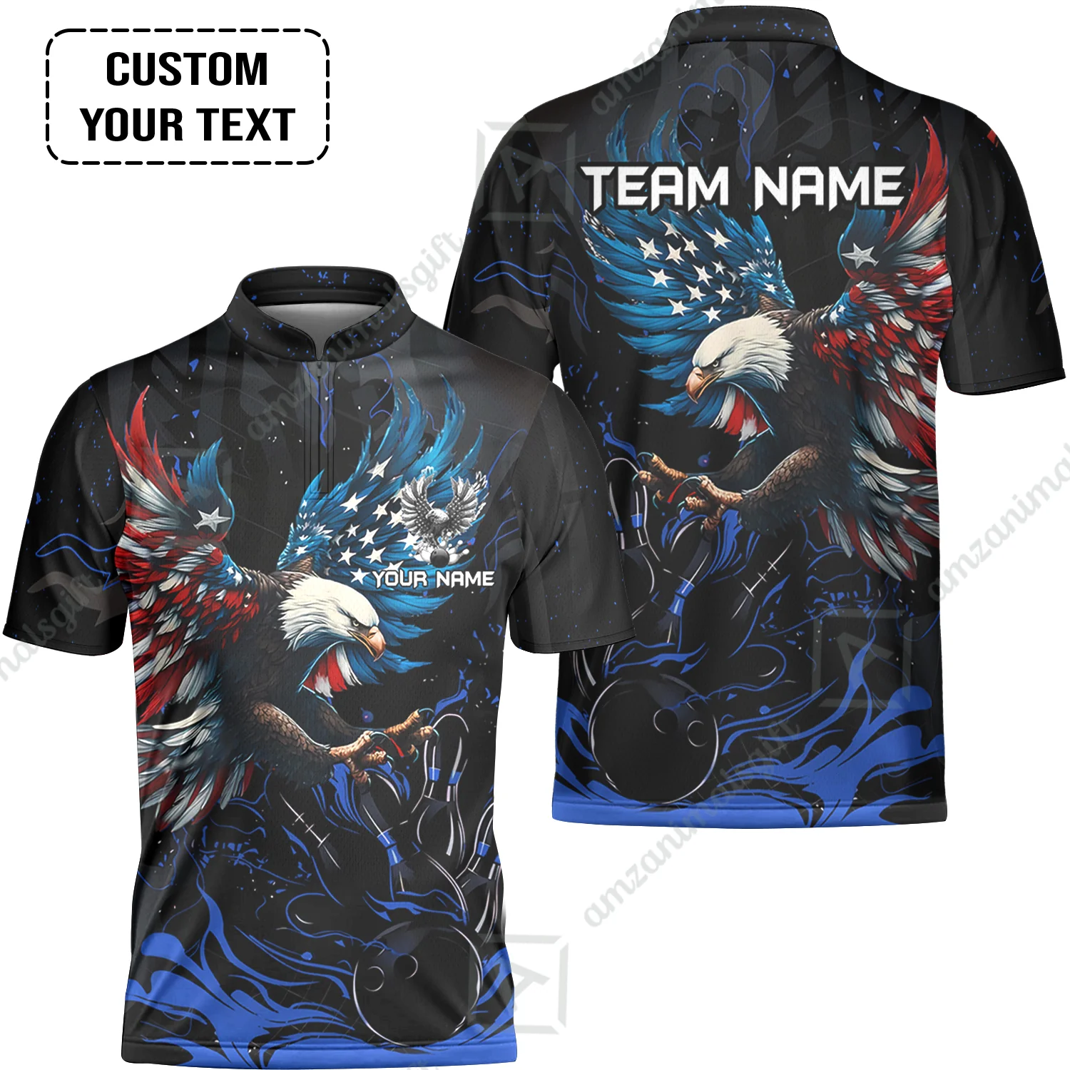 Custom Bowling Team Jerseys Almighty American Eagle, Custom Bowling Jerseys & Shirts Quarter-Zip Polo, Customized Name And Team Name - Image 14