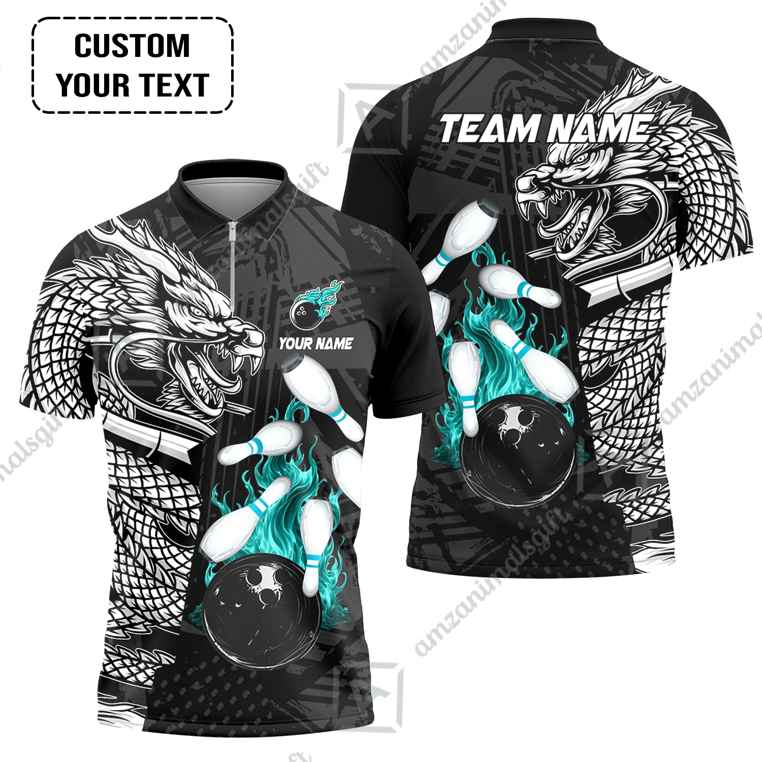 Custom Bowling Team Jerseys Polo Shirts, Bowling uniforms Bowling & Pins Dragon Flame Fire Multicolor Options Personalized Name And Team Name - Image 13