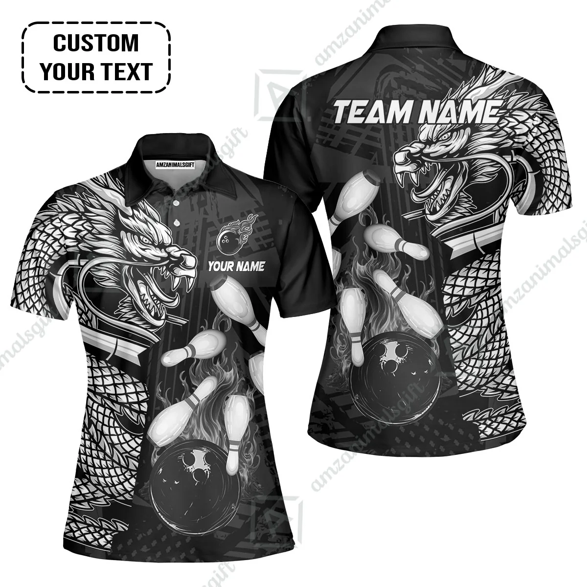 Custom Bowling Team Jerseys Polo Shirts, Bowling uniforms Bowling & Pins Dragon Flame Fire Multicolor Options Personalized Name And Team Name - Image 16