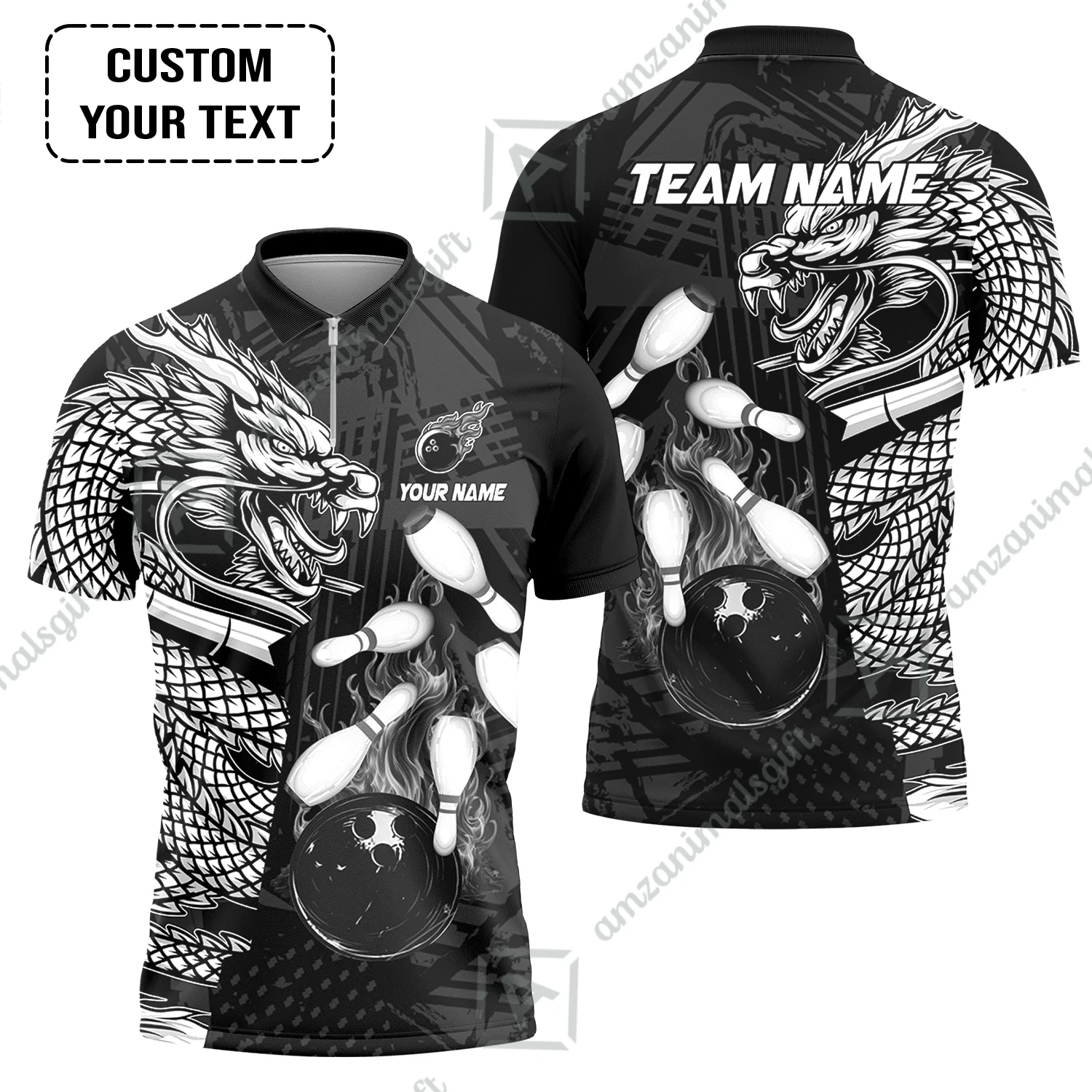 Custom Bowling Team Jerseys Polo Shirts, Bowling uniforms Bowling & Pins Dragon Flame Fire Multicolor Options Personalized Name And Team Name - Image 17