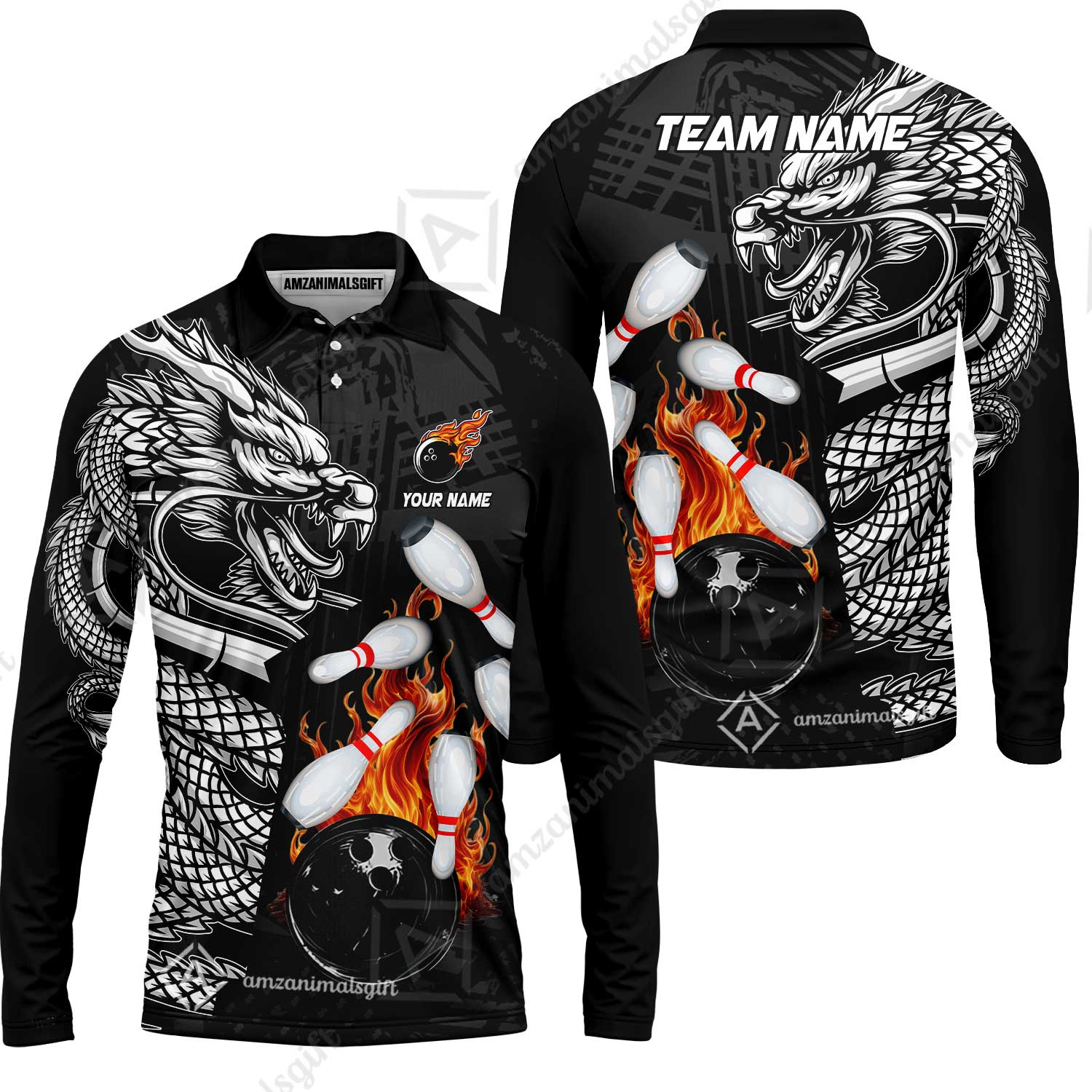 Custom Bowling Team Jerseys Polo Shirts, Bowling uniforms Bowling & Pins Dragon Flame Fire Multicolor Options Personalized Name And Team Name - Image 27