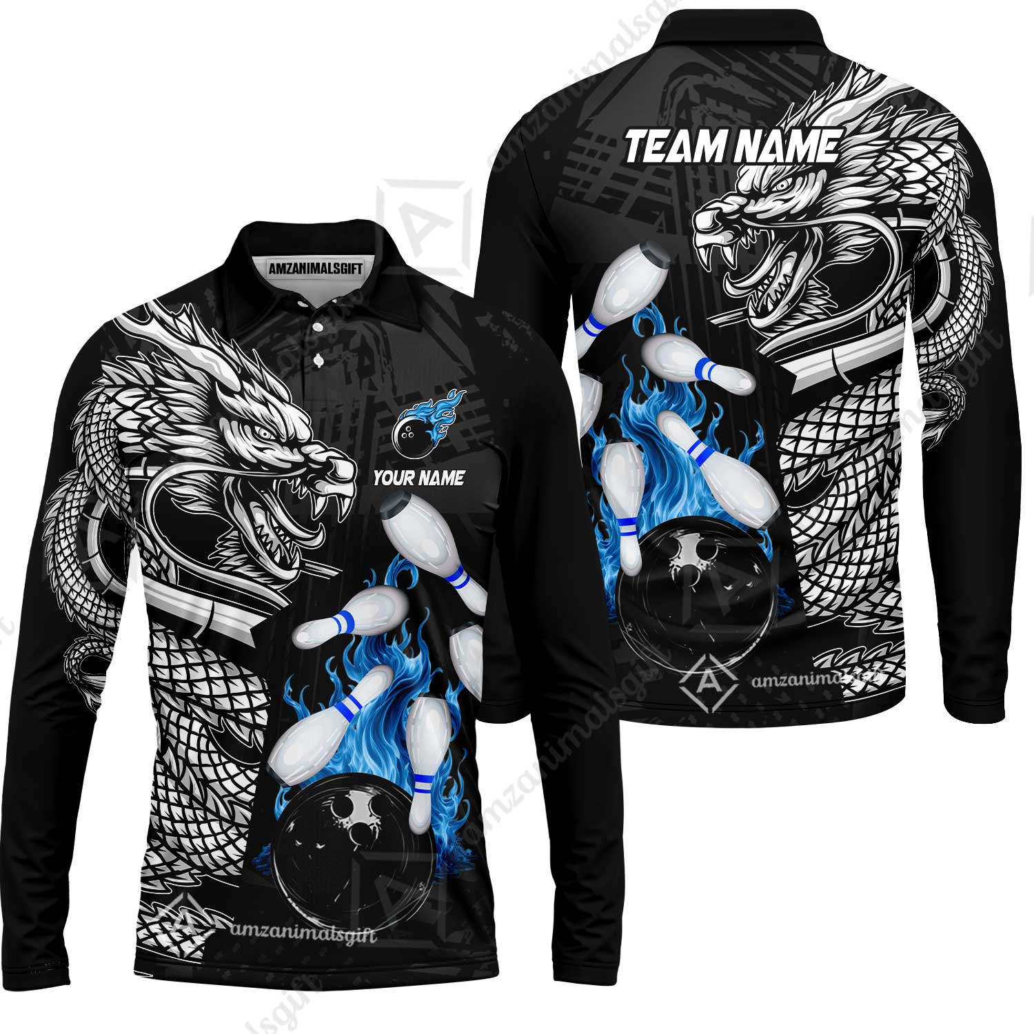 Custom Bowling Team Jerseys Polo Shirts, Bowling uniforms Bowling & Pins Dragon Flame Fire Multicolor Options Personalized Name And Team Name - Image 28