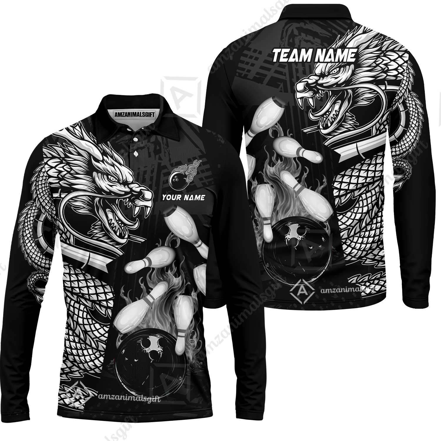 Custom Bowling Team Jerseys Polo Shirts, Bowling uniforms Bowling & Pins Dragon Flame Fire Multicolor Options Personalized Name And Team Name - Image 29