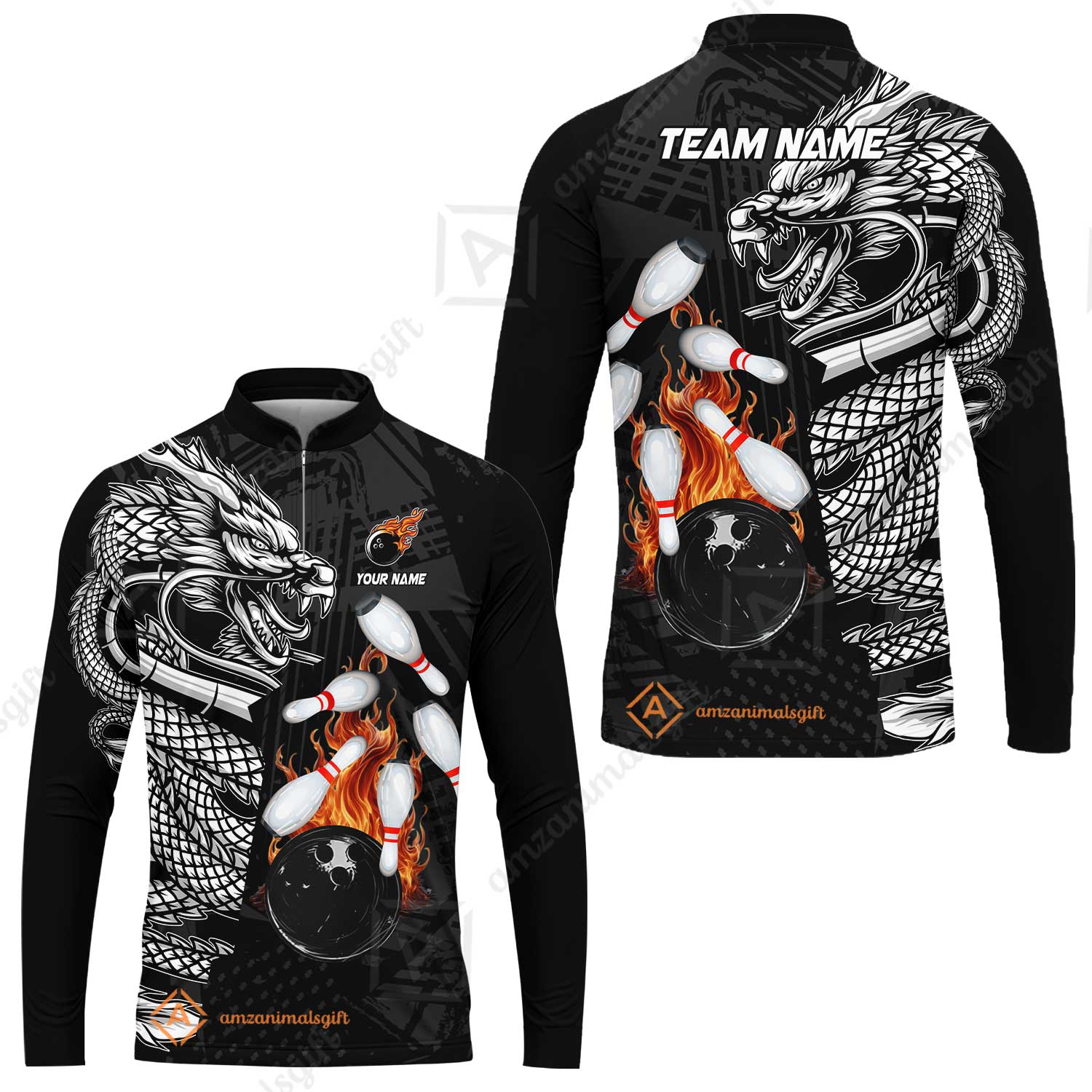 Custom Bowling Team Jerseys Polo Shirts, Bowling uniforms Bowling & Pins Dragon Flame Fire Multicolor Options Personalized Name And Team Name - Image 30