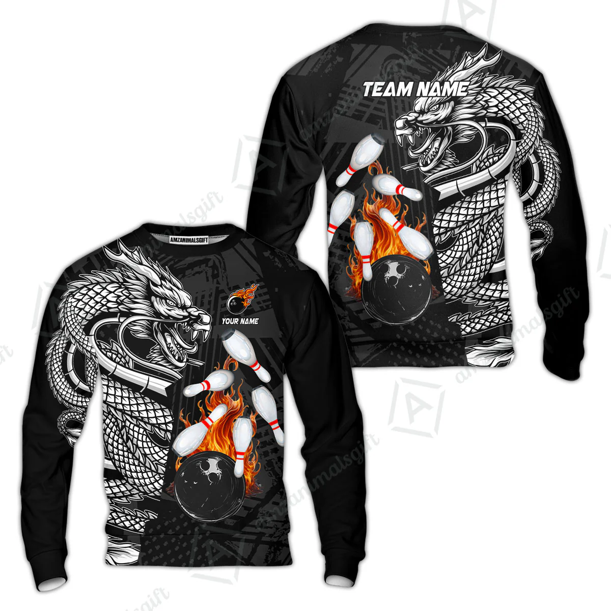 Custom Bowling Team Jerseys Polo Shirts, Bowling uniforms Bowling & Pins Dragon Flame Fire Multicolor Options Personalized Name And Team Name - Image 33