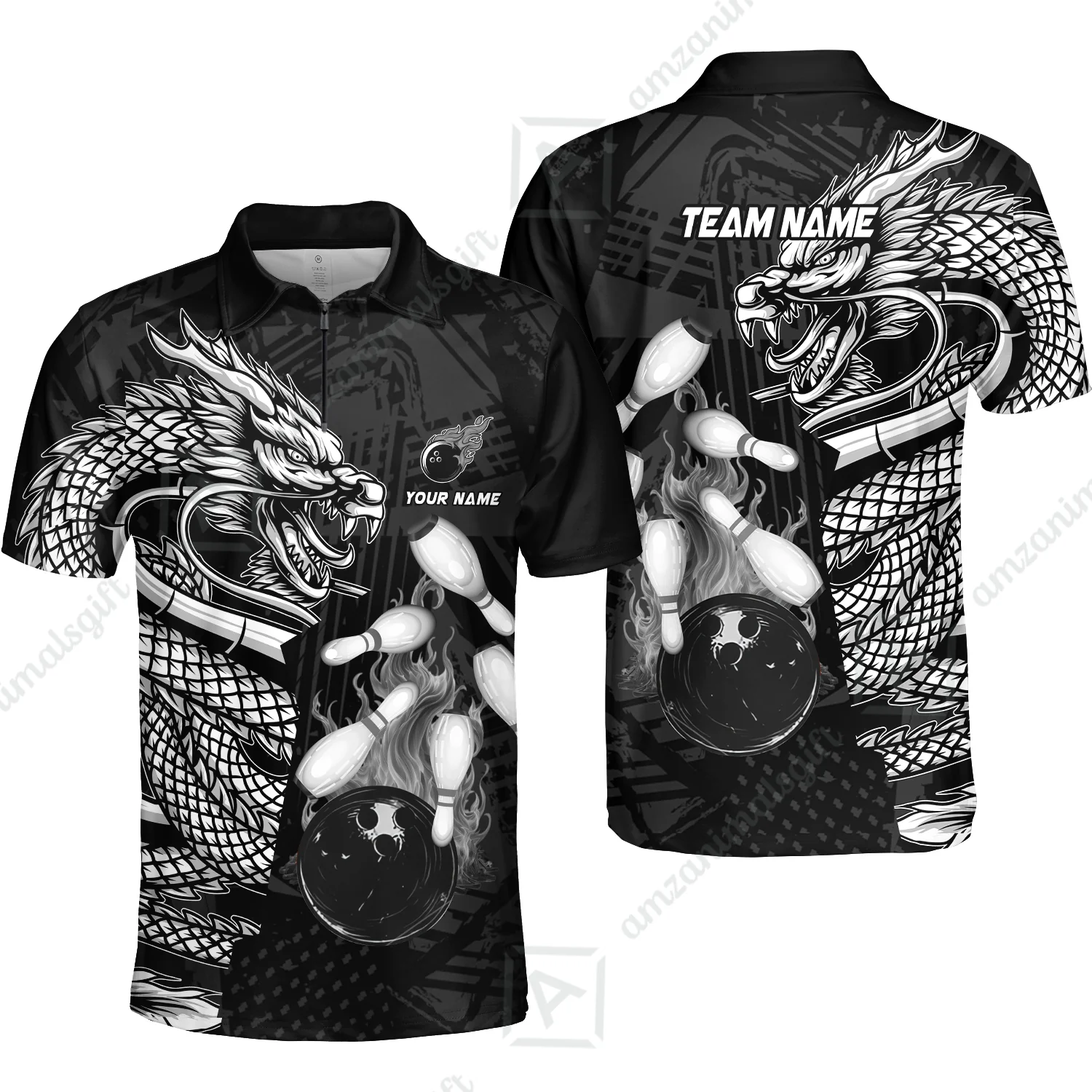 Custom Bowling Team Jerseys Polo Shirts, Bowling uniforms Bowling & Pins Dragon Flame Fire Multicolor Options Personalized Name And Team Name - Image 43
