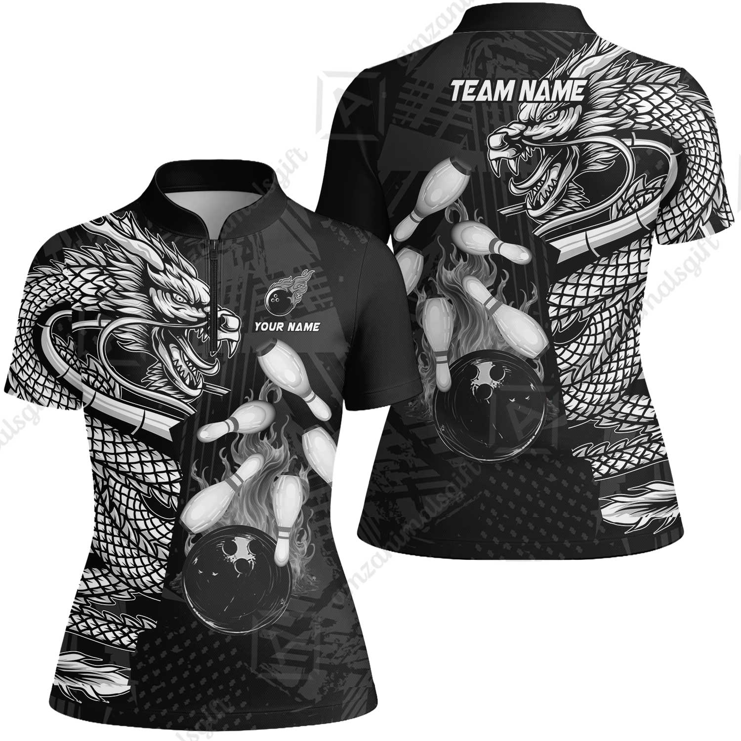 Custom Bowling Team Jerseys Polo Shirts, Bowling uniforms Bowling & Pins Dragon Flame Fire Multicolor Options Personalized Name And Team Name - Image 45